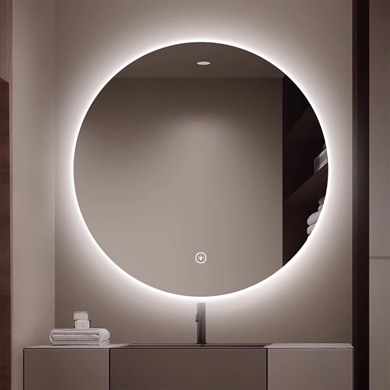Round Bathroom Mirror 110x110cm LED Lighting Dimmable Wall Makeup Mirror 3 Color Light Options Anti-Fog Design Perfect for Makeup Applications and