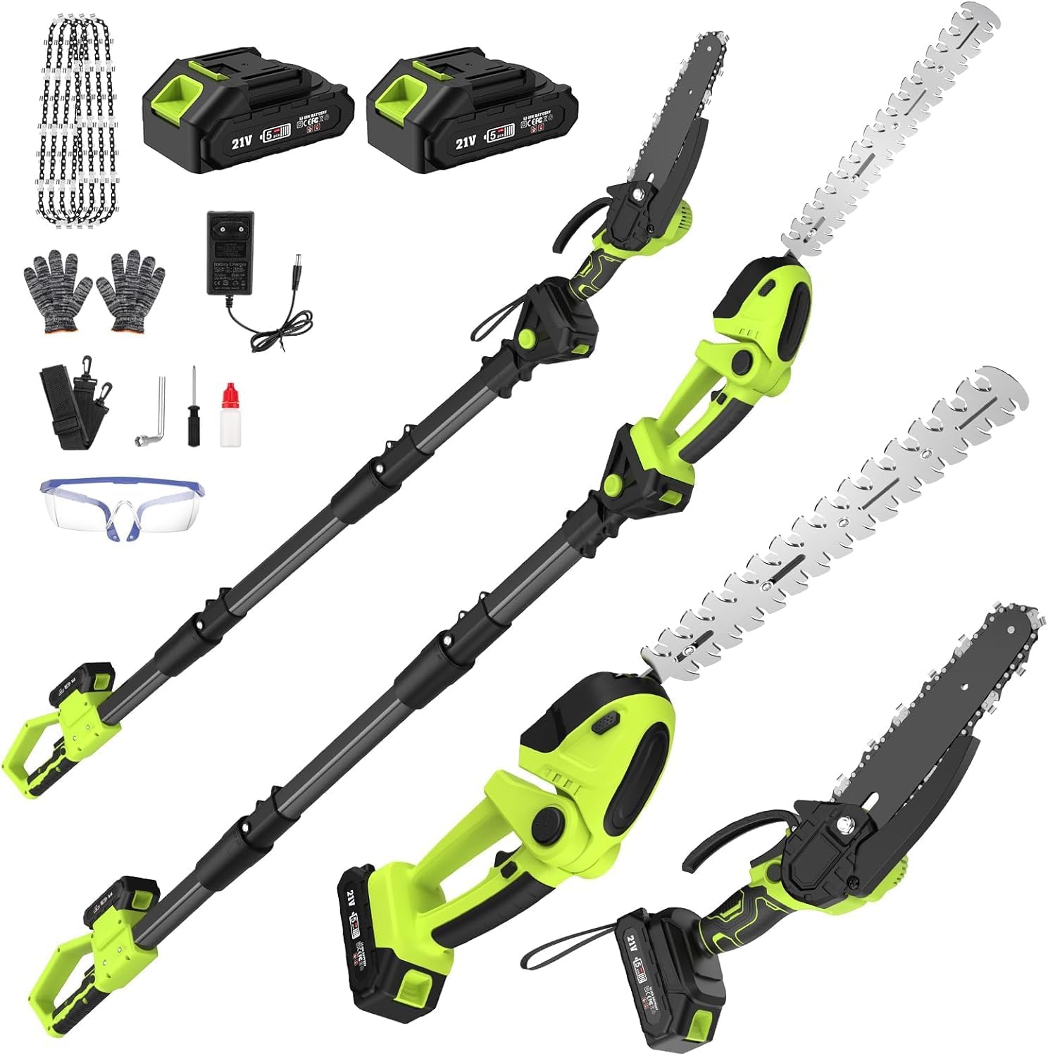 Motosega e Tagliasiepi con Asta Telescopica, 4 in 1 Kit Potatura Sega Elettrico Mini Motosega, 4* Catene 6', 2 * 4000 mAh Batterie Ricaricabili per Tagliare Giardini, Arbusti, Rami