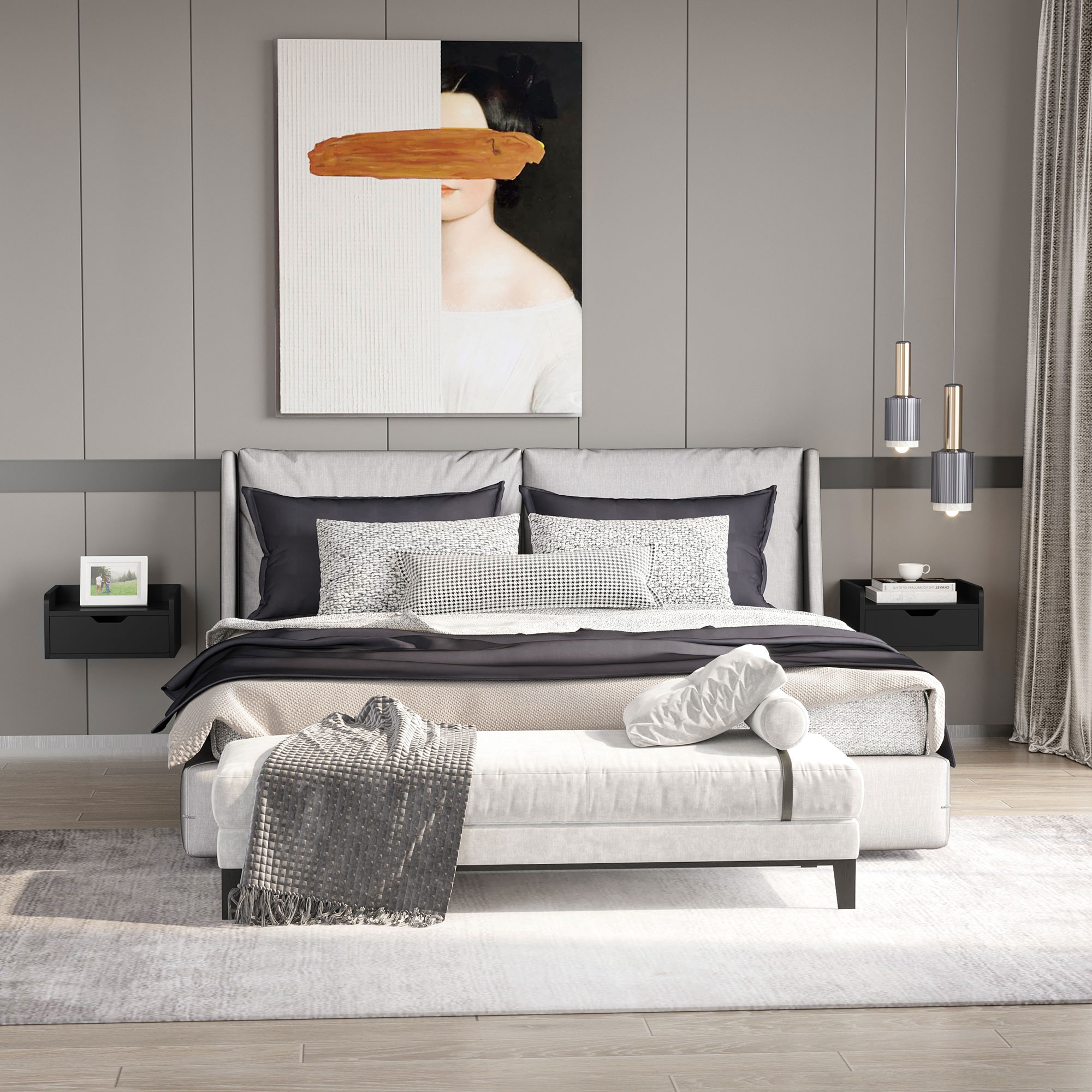HOMCOM Set mit 2 wandmontierten Nachttischen, wandhängende Nachttische - Schublade, Tischplatte in Holzoptik Maße 40B x 30T x 19,5H cm