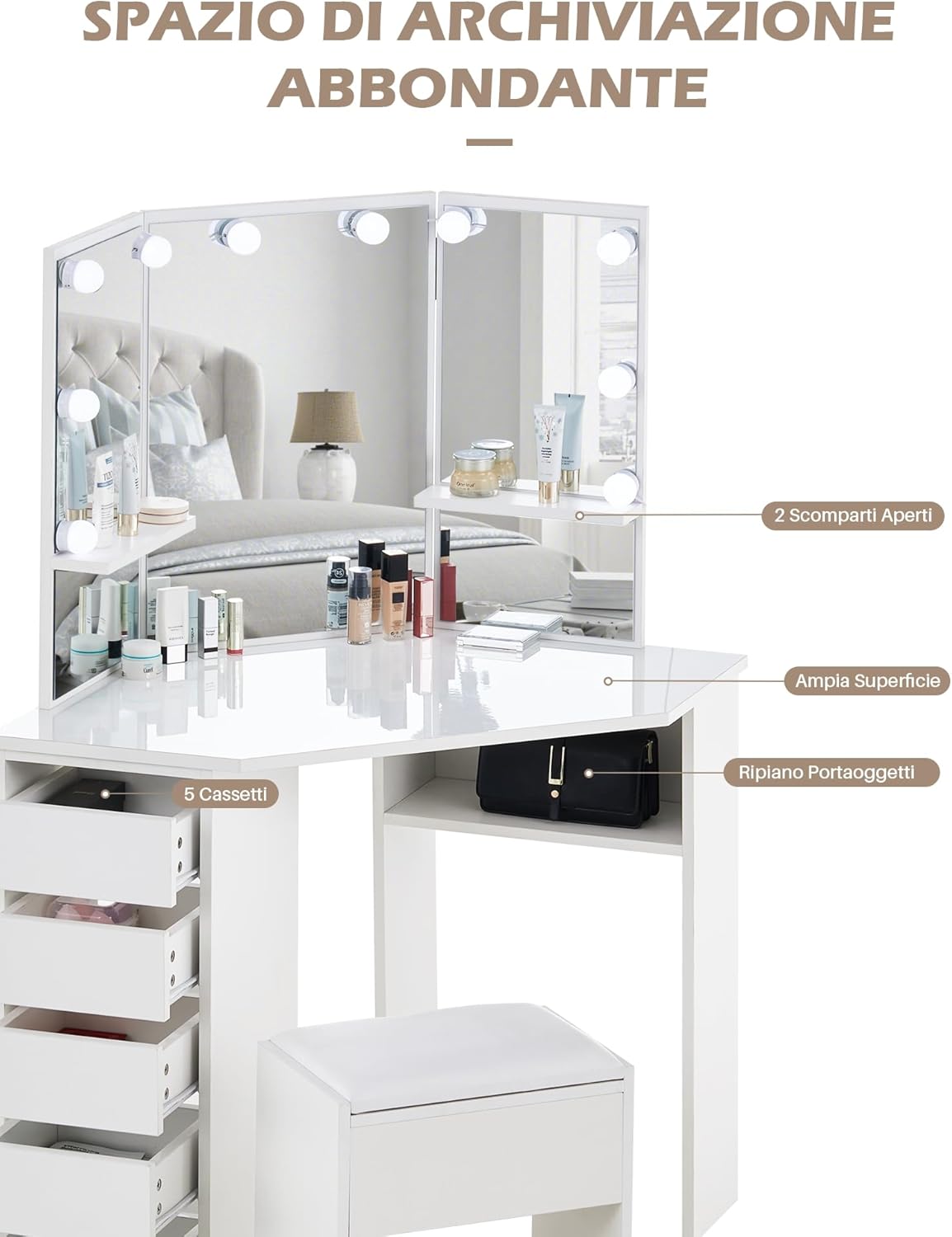 TUKAILAi Dressing Table with Mirror, Three Sides, Modern Make-up Vanity Table with LED Lights and Stool, White Corner Makeup Table with 5 Drawers and 2 Open Shelves 114 x 61 x 140 cm Bedrooms