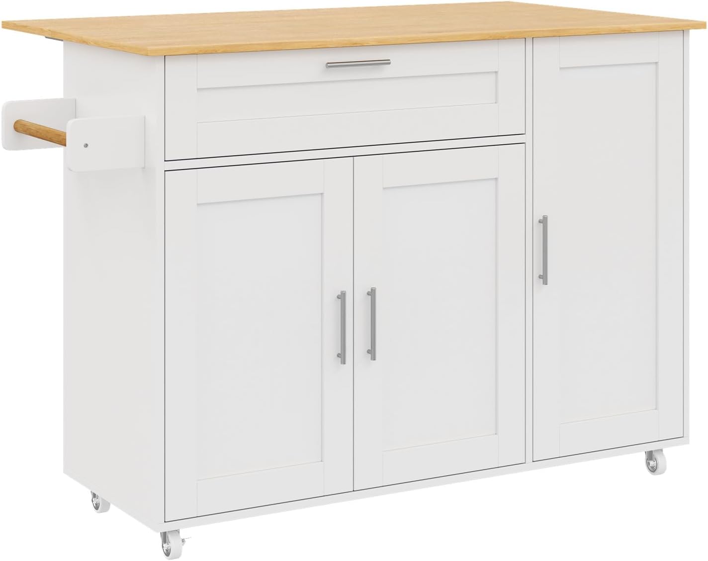 Mobiler Küchentisch, Arbeitsplatte Klappbar, Eiche Maserung, Multifunktionaler Schrank, Gewürzregal, Handtuchhalter, 5 Rollen, Weiß Geeignet für Küche/Essen/Haus
