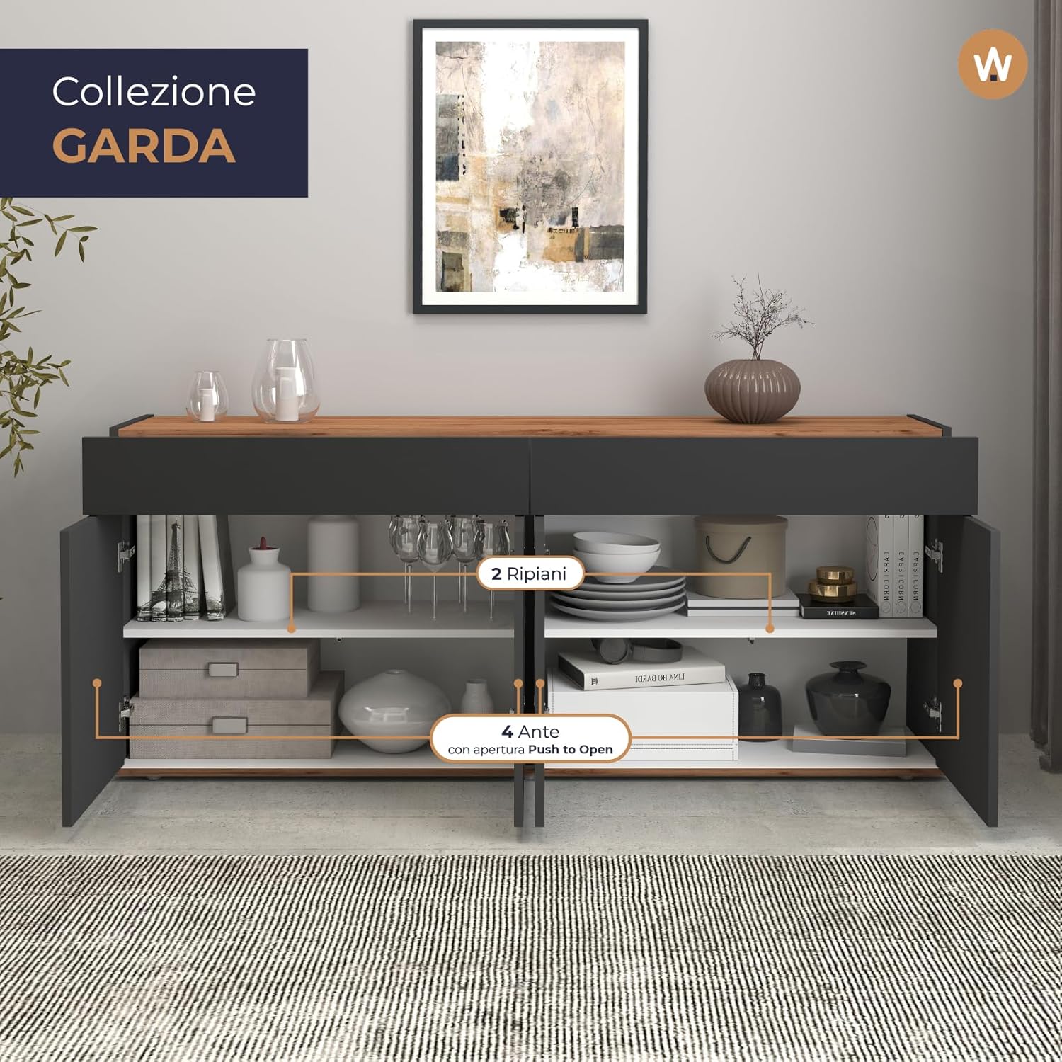 WHOUS Credenza e Buffet GARDA per Soggiorno con 2 Cassetti e 4 Ante, Madia per Salotto, Cucina e Sala da Pranzo in Legno, 160,1x35x70 cm, Antracite Opaco e Rovere