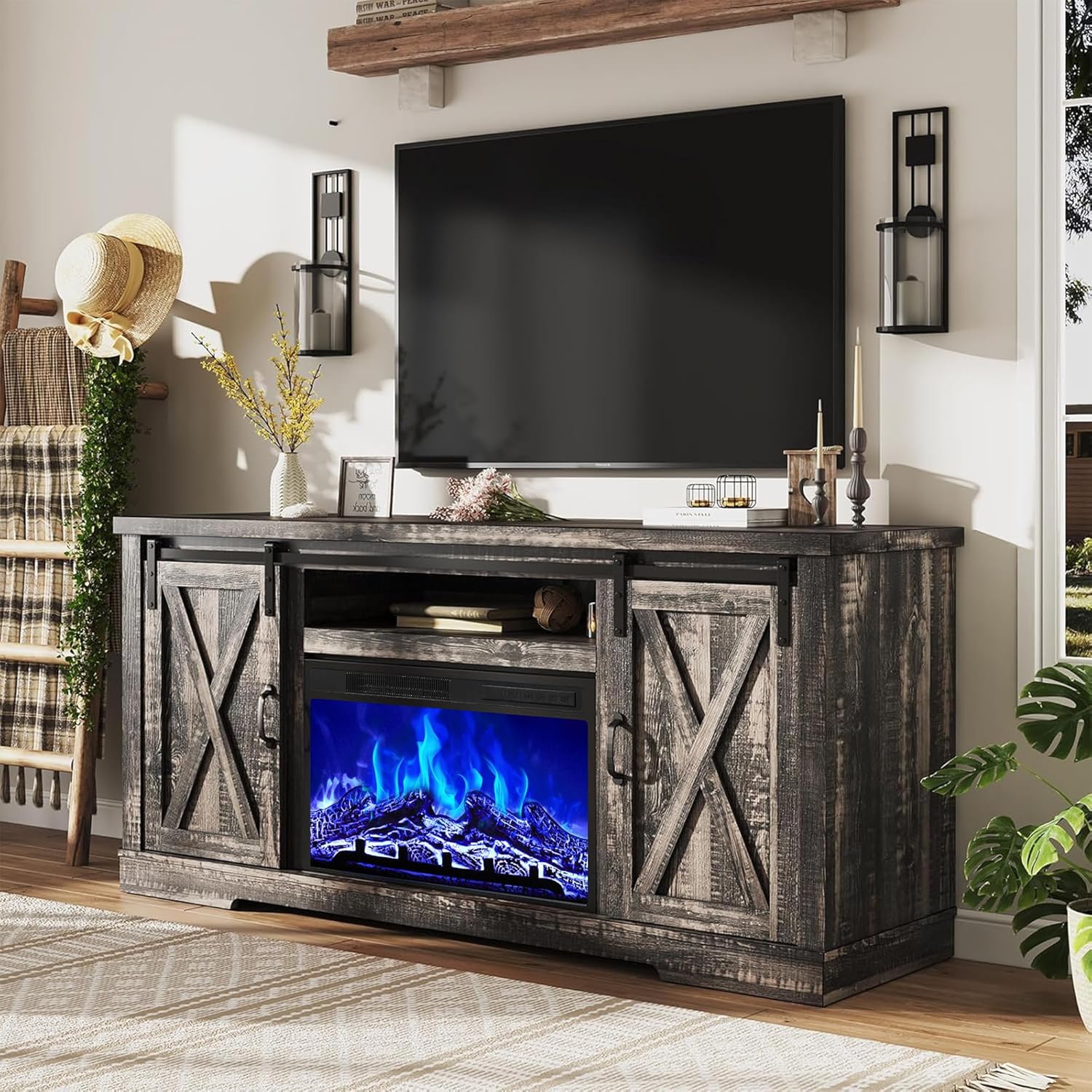 AMERLIFE Fireplace TV Stand with Sliding Barn Door for TVs up to 73