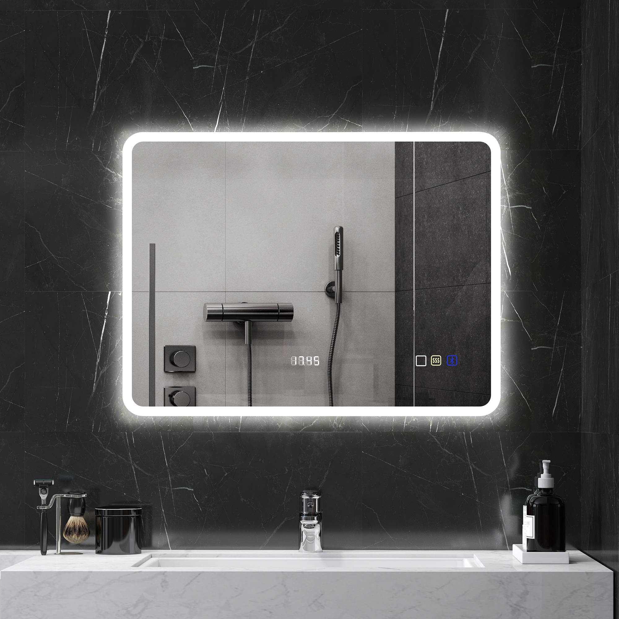 HOMCOM Badezimmerspiegel mit LED-Licht 80x60 cm mit Bluetooth 3 Lichtfarben Antibeschlag-Funktion Speicher IP44