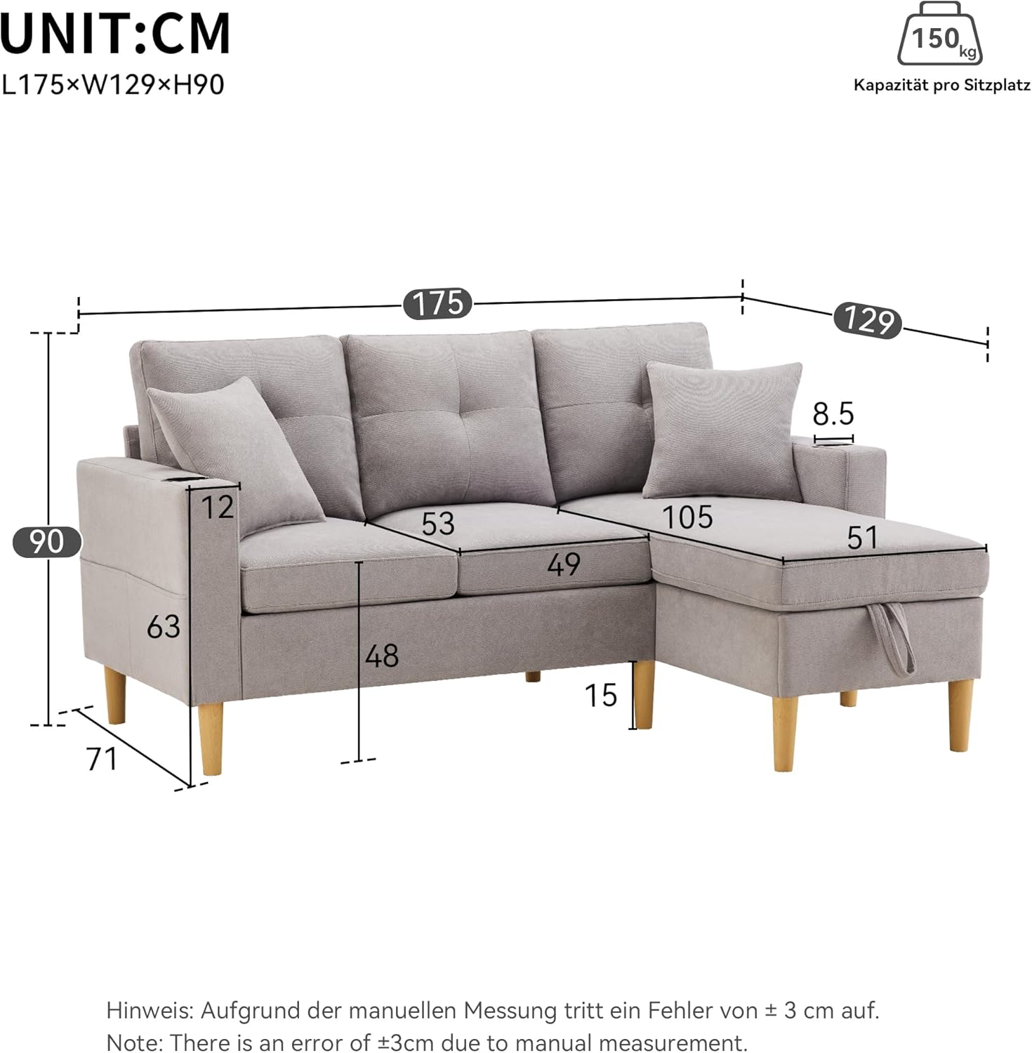 Divano Moderno a Forma di L, a 3 Posti, con Chaiselongue, Portabevande, Spazio per Ripostiglio, Incl. 2 Cuscini, per Soggiorno, Ufficio, Appartamento (Grigio Chiaro)