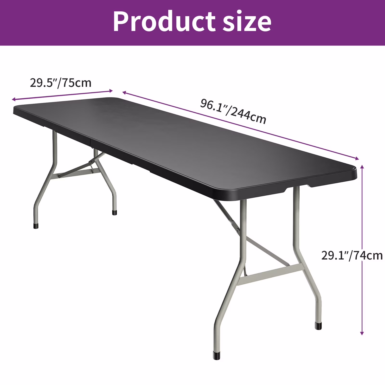 DEXS 8ft Portable Outdoor Table, Folding Design for Easy Storage and Transport,Plastic Material,Perfect for Picnic, Party, Camp Dining,Also Suitable for Indoor Use, Sturdy and Spacious Tabletop Black