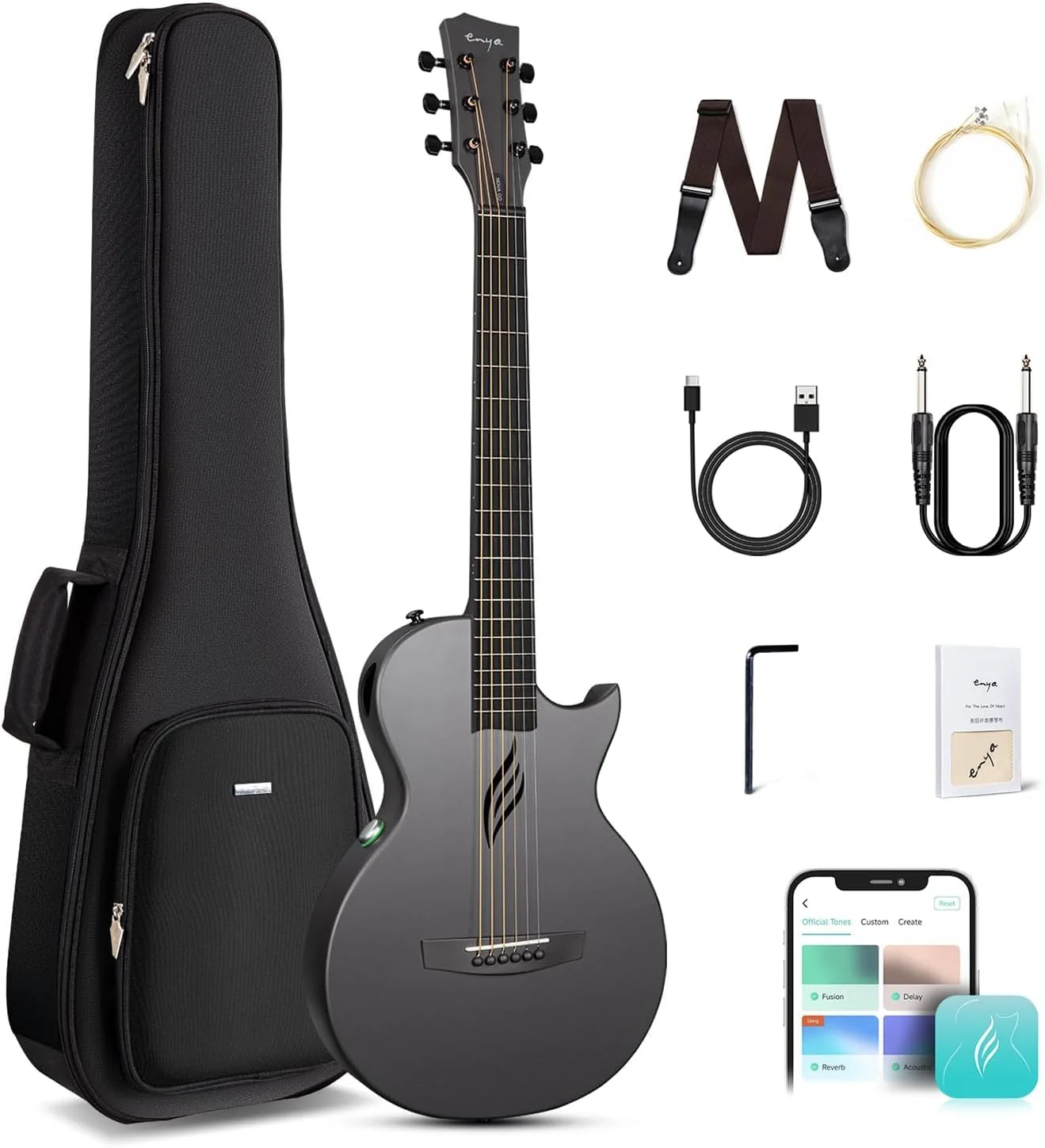 Enya 35-Zoll Anfänger Gitarre Set - Kohlefaser Schwarz Nova Go SP1 Akustik Elektrische mit Smart AcousticPlus Tonabnehmer Ladekabel Audiokabel Gigbag