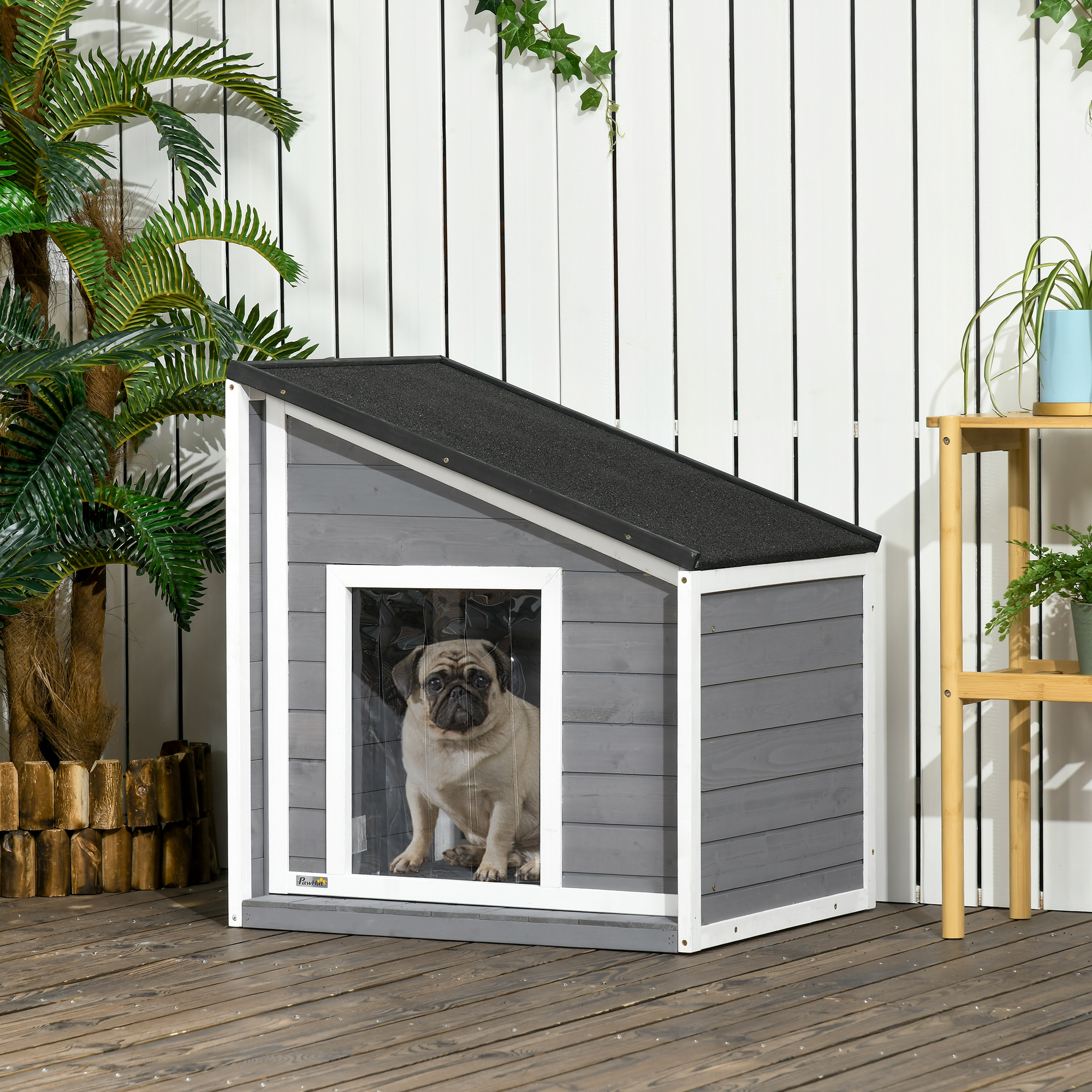 PawHut Hundehütte aus Massivholz, wetterbeständig, Asphaltdach, 71 cm x 58 cm x 77 cm, Grau + Weiß