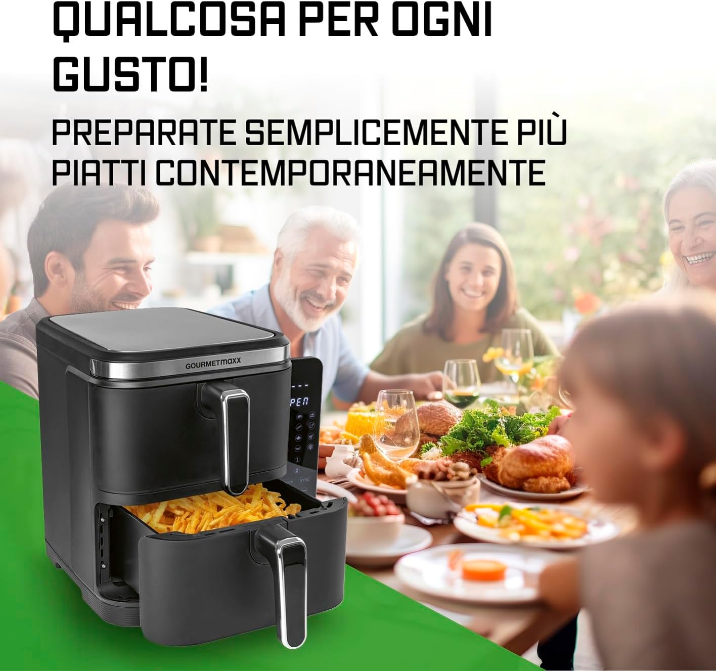 GOURMETmaxx FryUp Friggitrice verticale ad aria calda a doppia camera | Friggitrice 10 litri | 4 piatti su 4 livelli | Display touch richiudibile | 32% in più di risparmio di spazio | Calda 2 camere