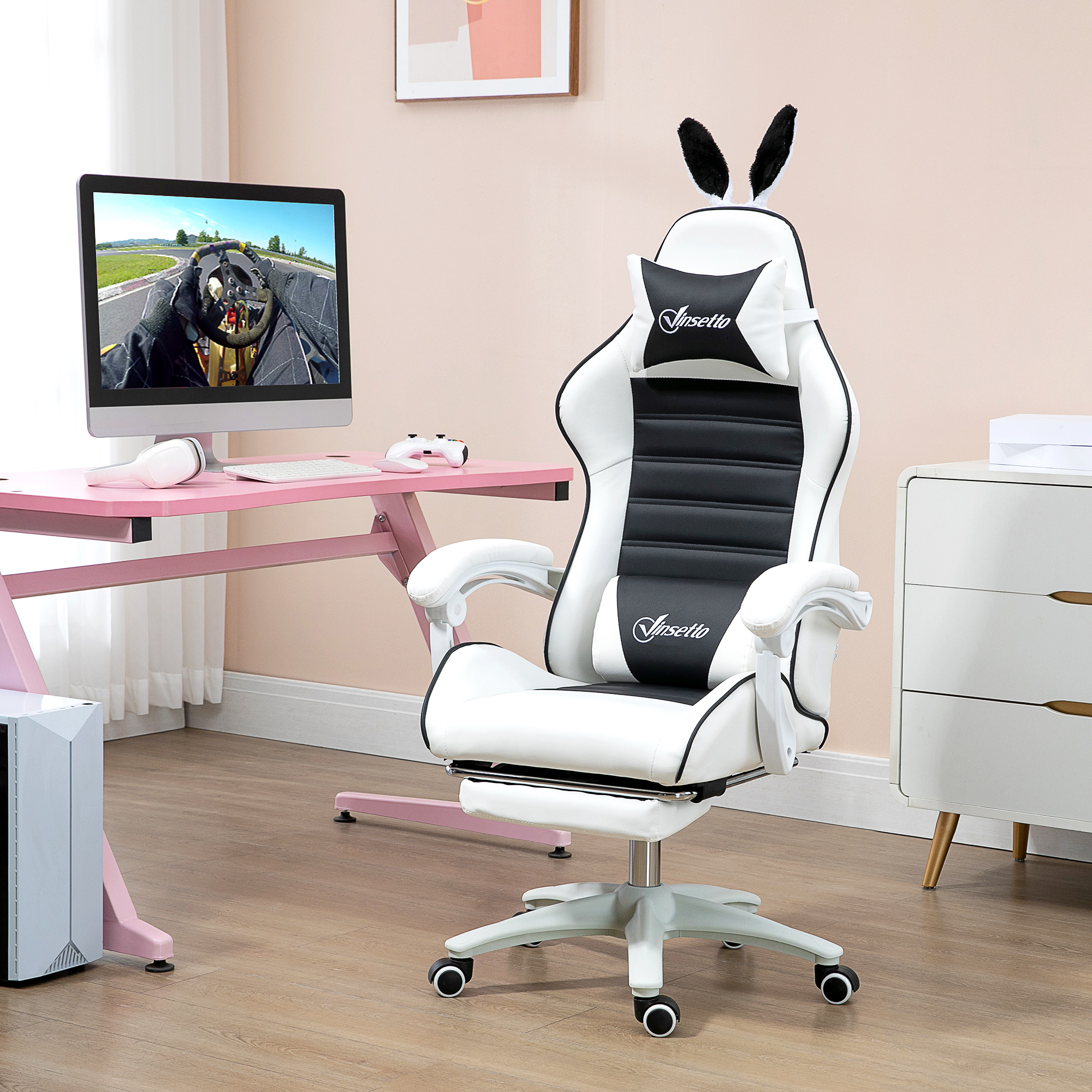 Vinsetto Gaming-Stuhl mit Lordosenstütze, höhenverstellbar, neigbarer Rückenlehne, Hasenohren und Kopfstütze, schwarz