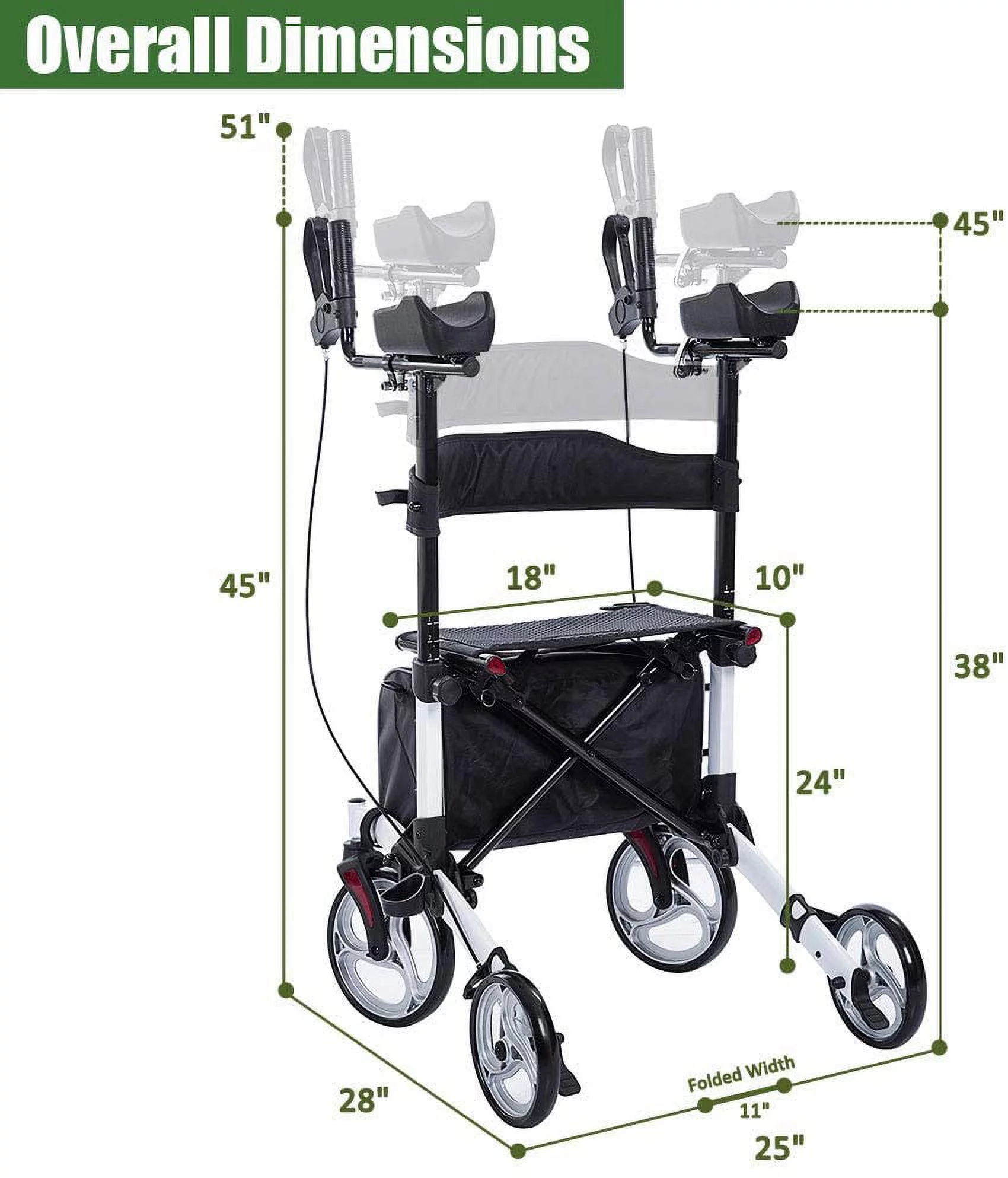BEYOUR WALKER Upright Rollator Walker, 10&prime;&prime; Wheels, Adjustable Armrest, Folding Design, White &ndash; Mobility Aid for Seniors