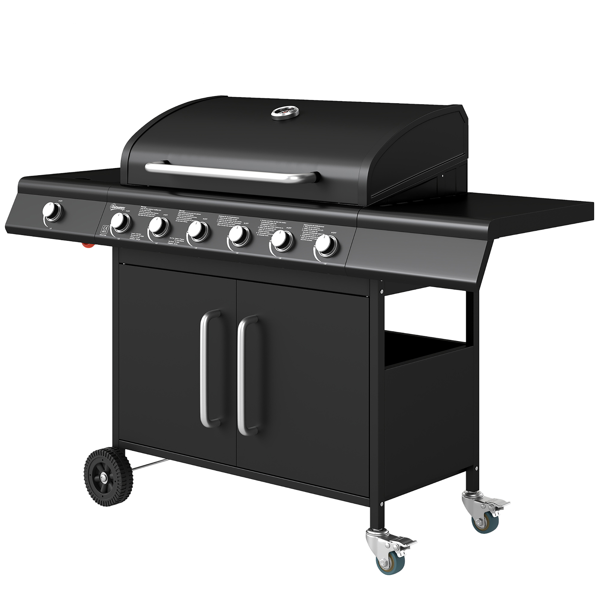 Outsunny Fahrbarer Gasgrill mit Stauraum, Seitentisch, Seitenbrenner, Warmhalterost, Thermometer, Edelstahl, Schwarz