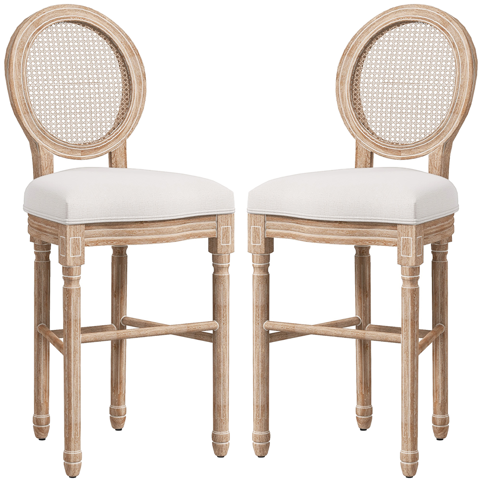 HOMCOM Set mit 2 Barhockern im Medaillon-Stil des Louis XVI, massives geschnitztes Kautschukholz, patiniert, Leinenoptik 48 x 56 x 118 cm Creme
