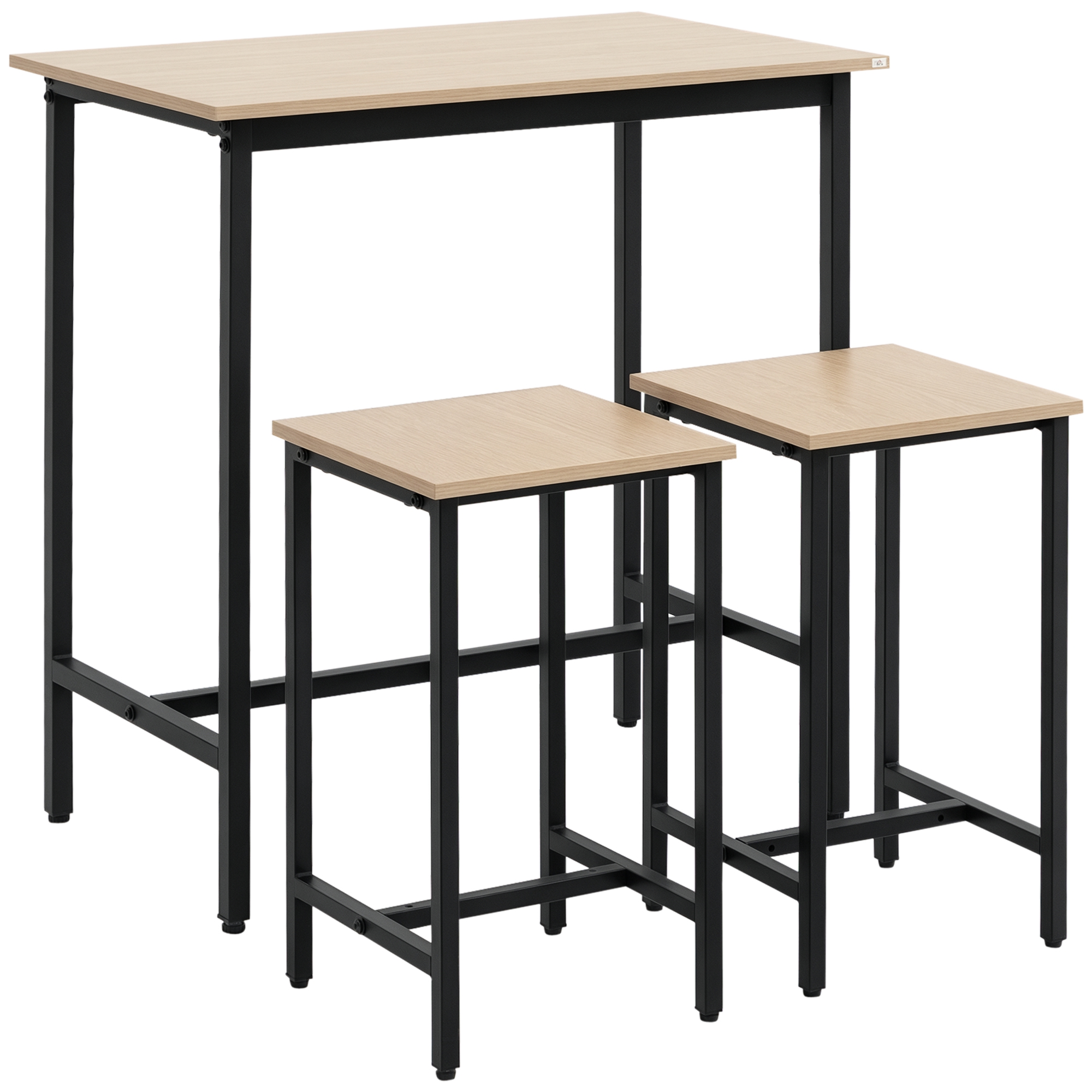 HOMCOM Bartisch-Set im Industrie-Design, 3-teilig, 1 Tisch, 2 Hocker, Schwarz + Natur