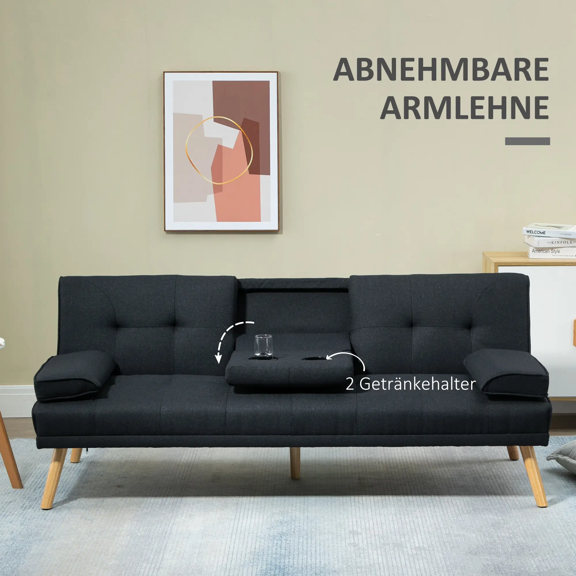 HOMCOM Schlafsofa 3-Sitzer mit klappbarem Tisch und 3-fach verstellbar