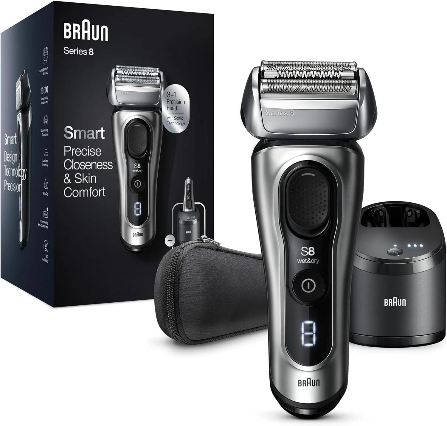 Braun Series 8 Rasierer Herren mit 3+1 Scherkopf, 8467cc, Elektrorasierer & Trimmer, Sonic-Technologie, 40°-Kopf, Konturenanpassung, Reinigungsstation