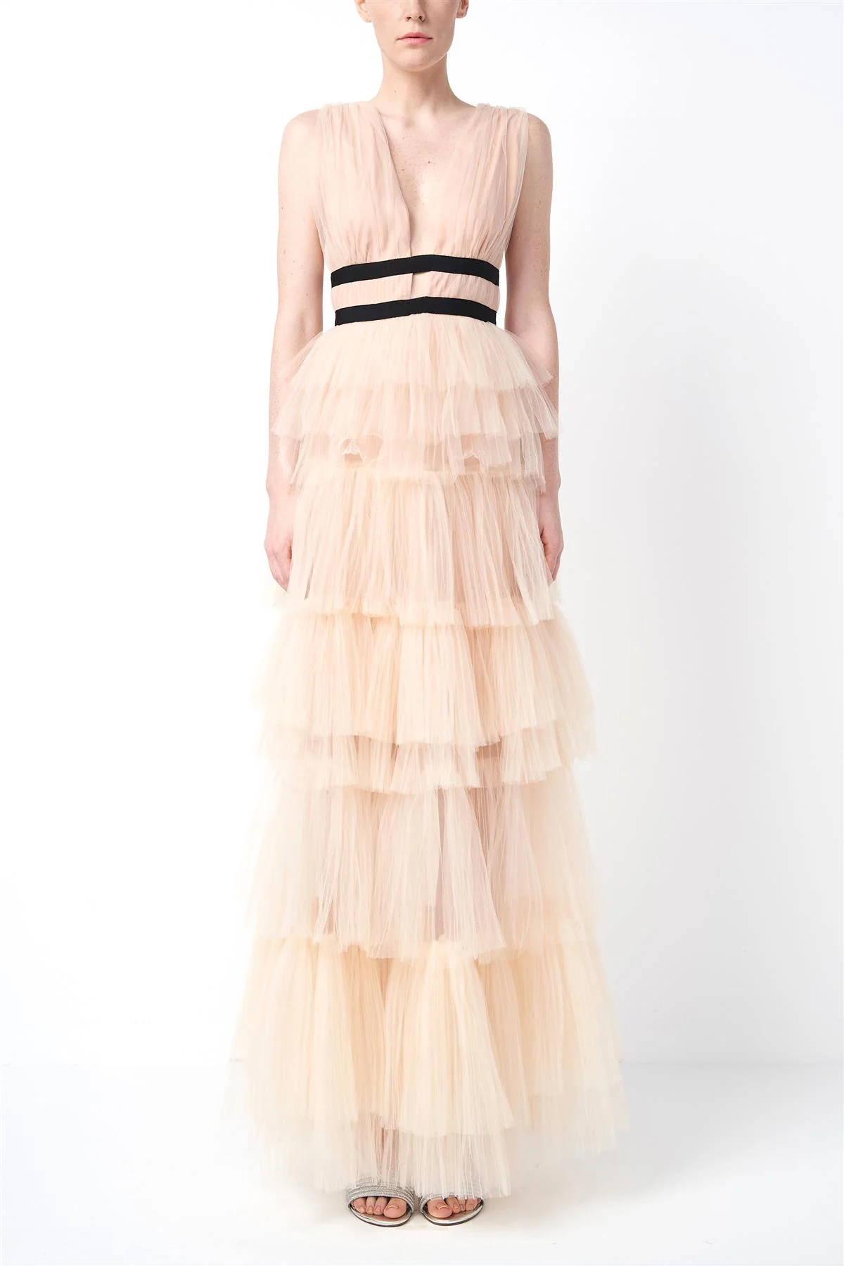 Nude Eliza Plunging Neck Layered Tulle Skirt Maxi-Dress
