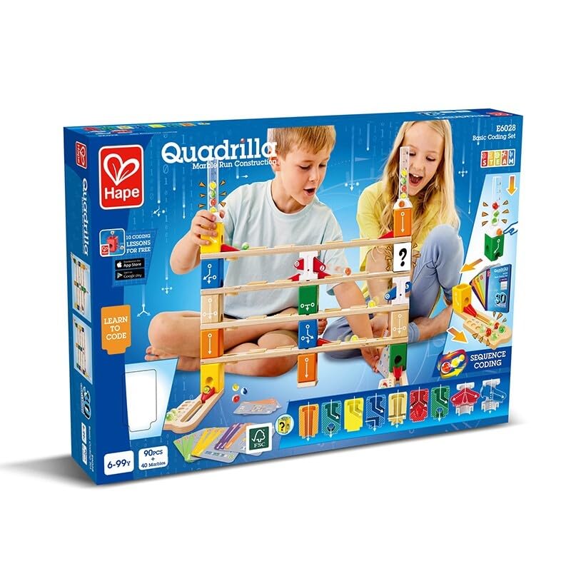 Hape Quadrilla   Set codifica di base | Pista per biglie in legno di ultima generazione per imparare il Coding giocando dai 6 anni in su : Giochi e giocattoli