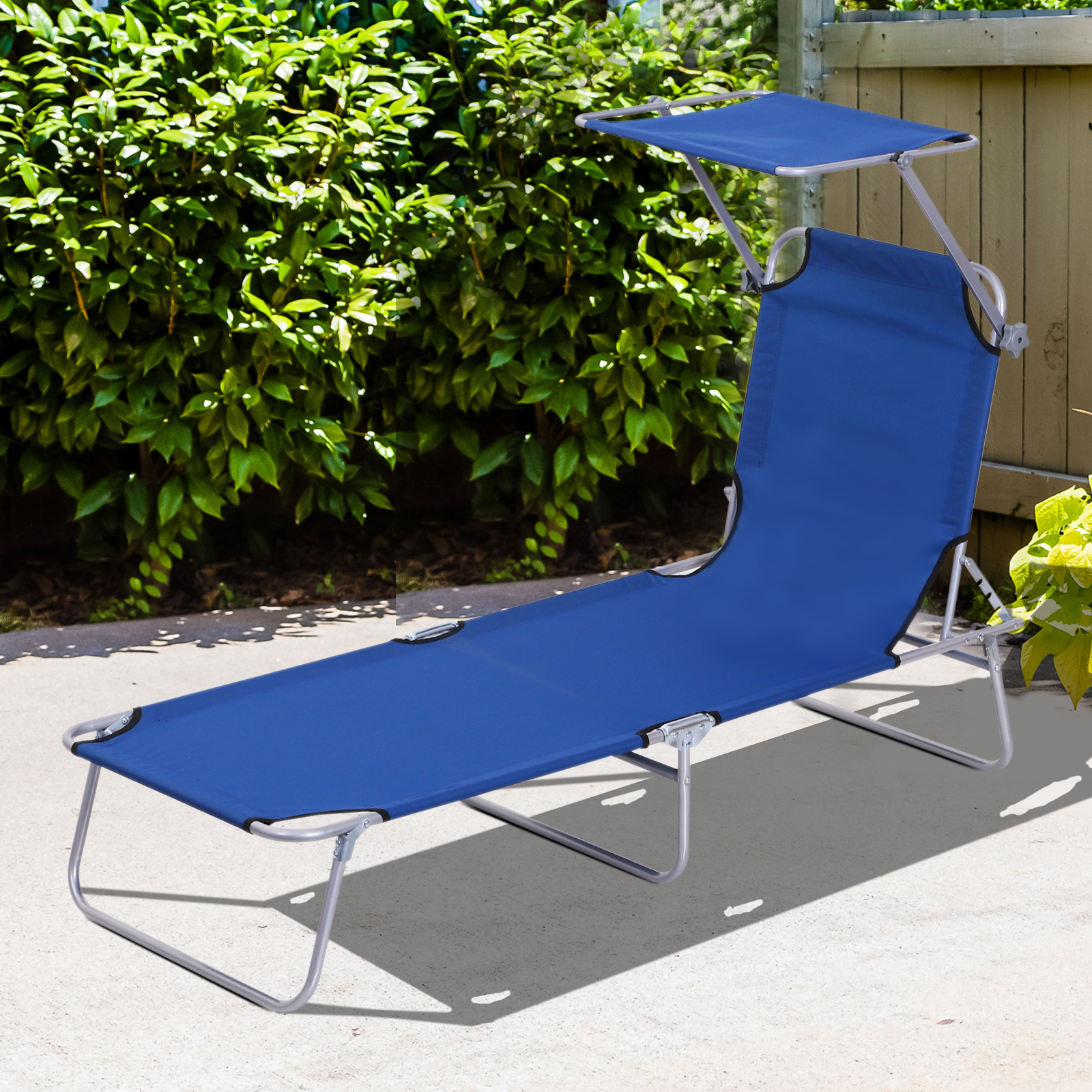 Outsunny Sonnenliege mit Sonnenschutz, klappbar, verstellbare Rückenlehne, Metallrahmen, 187 x 58 x 36 cm, Blau