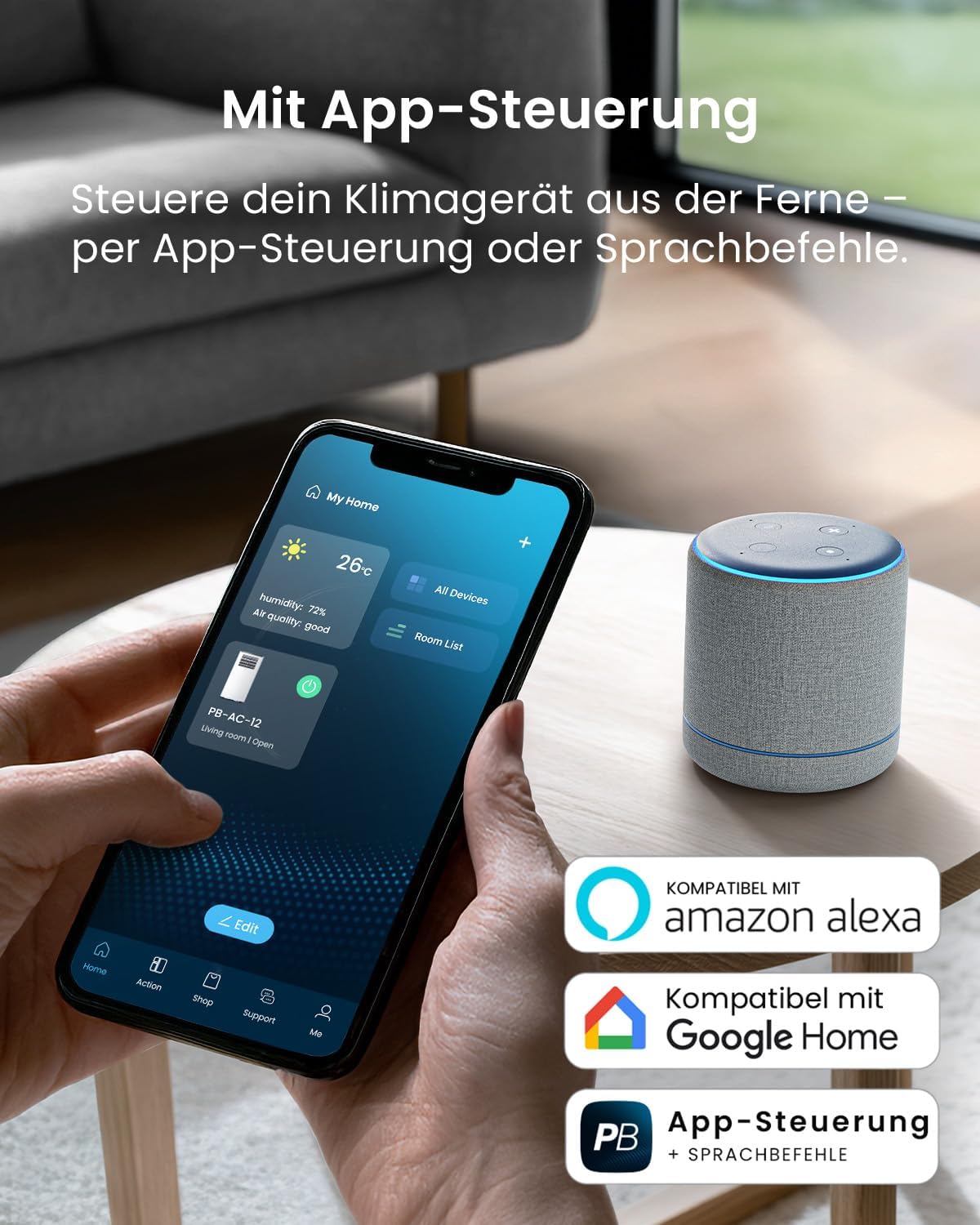 Pro Breeze Mobiles Klimagerät 14000 BTU – Klimaanlage mit Abluftschlauch, WiFi Smart Home Steuerung, 24h Timer, LED Display & Fensterabdichtung – Mobile Klimaanlage für Wohnung, Büro & Zuhause