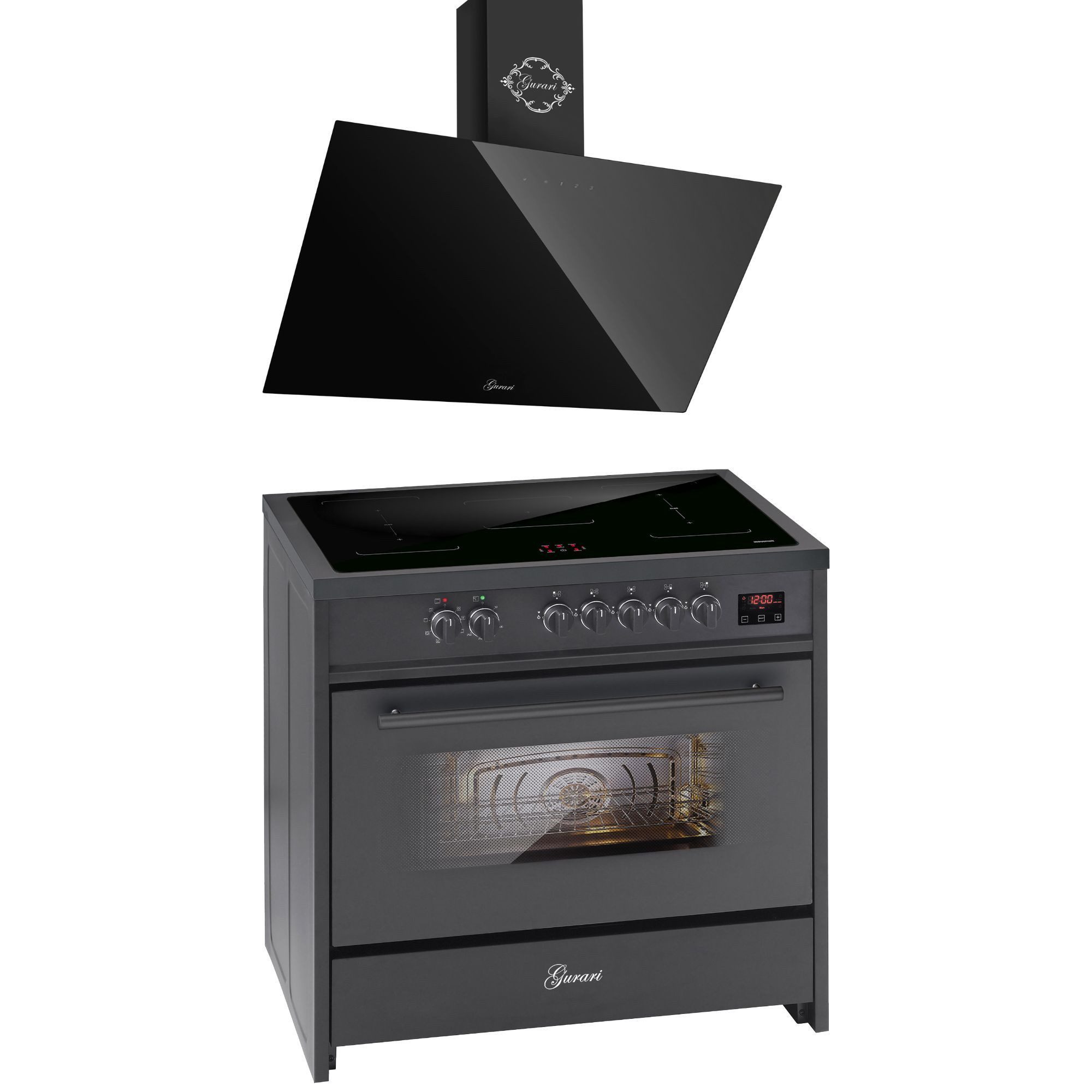 Induktions-Standherd Range Cooker 90 cm, Schwarz, 5 Kochzonen, 121L+Dunstabzugshaube 90 cm E 913 BL+GCH D 286 BL Prime.