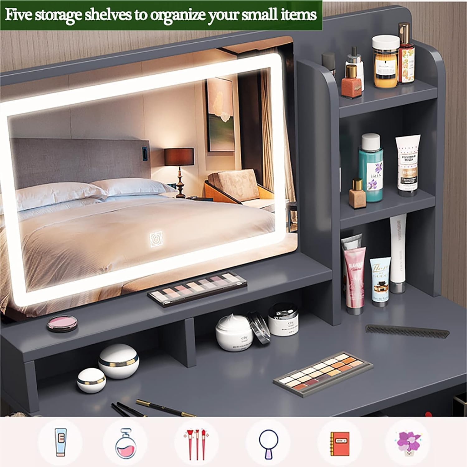 Moderno set da toeletta con luci LED, tavolo da toeletta da 101,3 cm, 6 cassetti e 5 ripiani, sgabello e sedia elegante finitura grigia per camera da letto nization