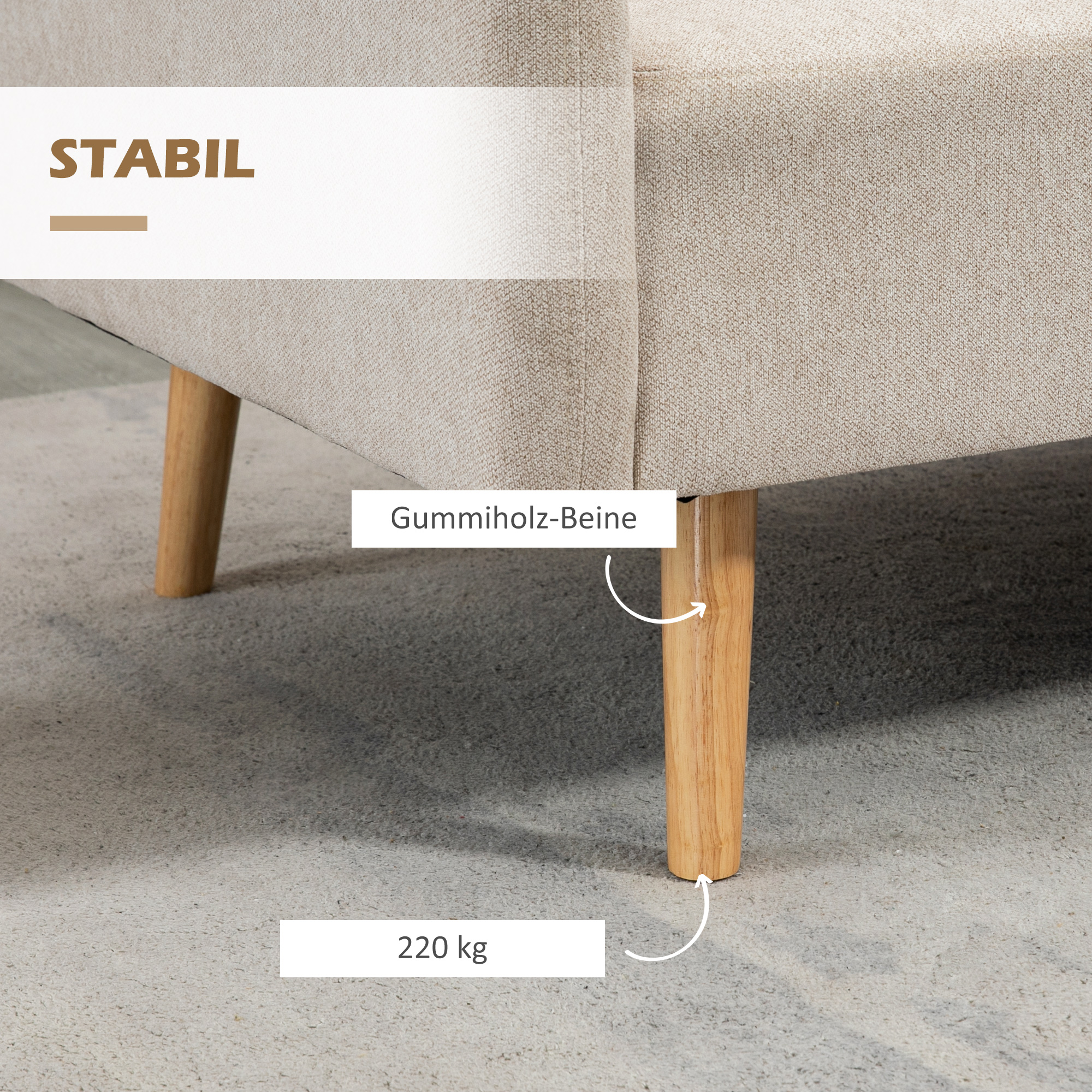 2-zitsbank, Moderne Design Bank, inclusief 2 kussens, houten poten, 130 x 70 x 80 cm, Cr��me