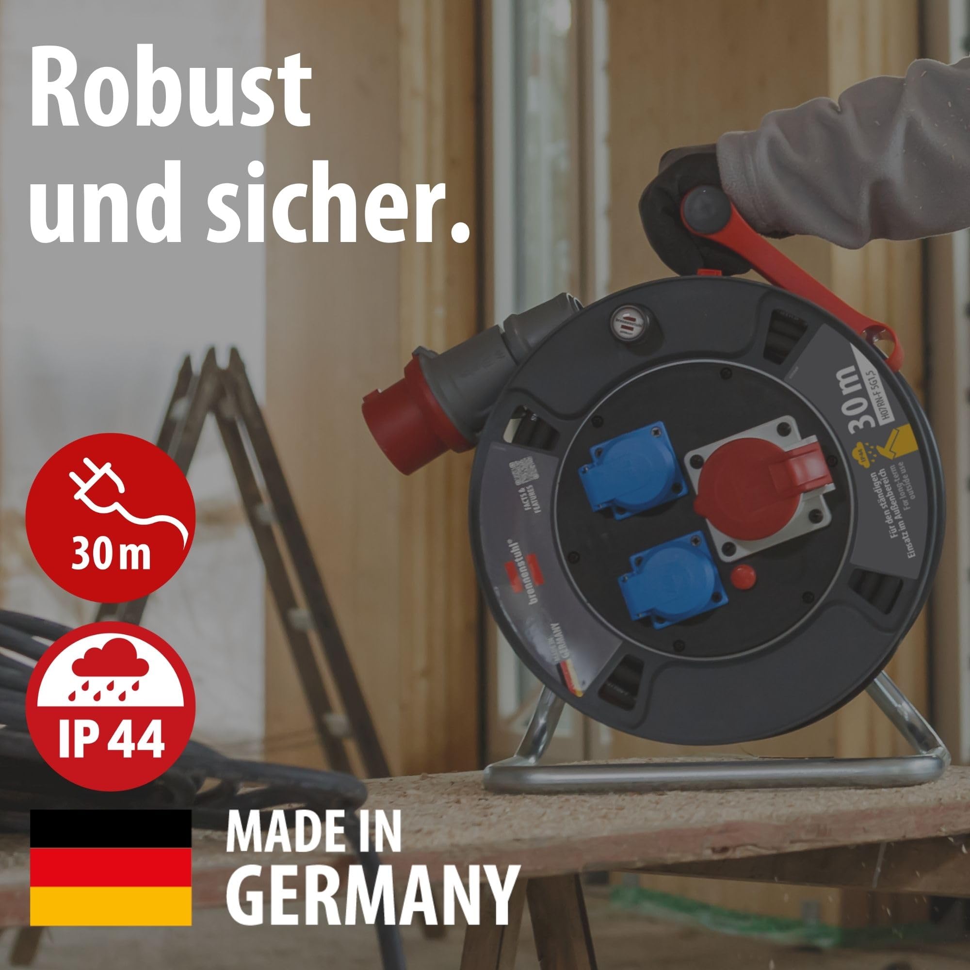 CEE-Kabeltrommel 30m H07RN-F 5G1,5 IP44 mit CEE-Stecker 400V/16A, 2 Schutzkontakt-Steckdosen 230V und Überhitzungsschutz