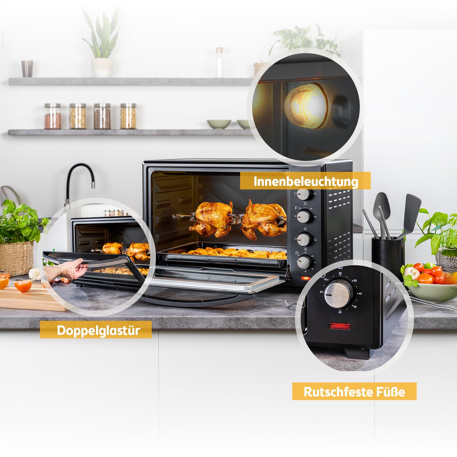 Minibackofen 60 L mit Umluft und Drehspieß, 2000 W, bis 230 °C, 60-Min-Timer, 4 Einschubhöhen, Backblech, Grillrost