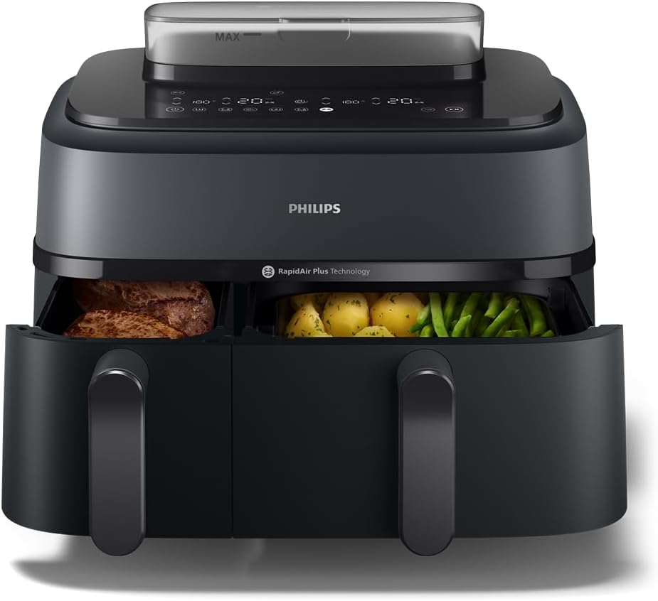 Airfryer Serie 5000 doppio cestello con vapore-Frittura ad aria, cottura a vapore o combinata 19 metodi di cottura; Capacità 9L (3L + 6L), Tecnologia RapidAir Plus, Auto SteamClean (NA550/00)