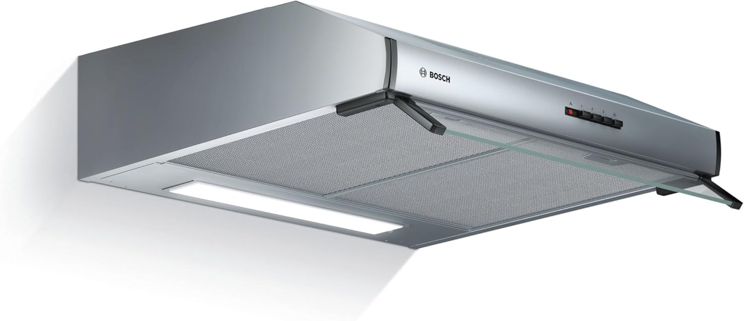 Bosch DUL63CC50 Serie 4 Unterbauhaube, 60 cm breit, Um-  und  Abluft, LED-Beleuchtung gleichmäßige Ausleuchtung, Drucktastenschalter, 3 Leistungsstufen, Metallfettfilter spülmaschinengeeignet, Edelstahl