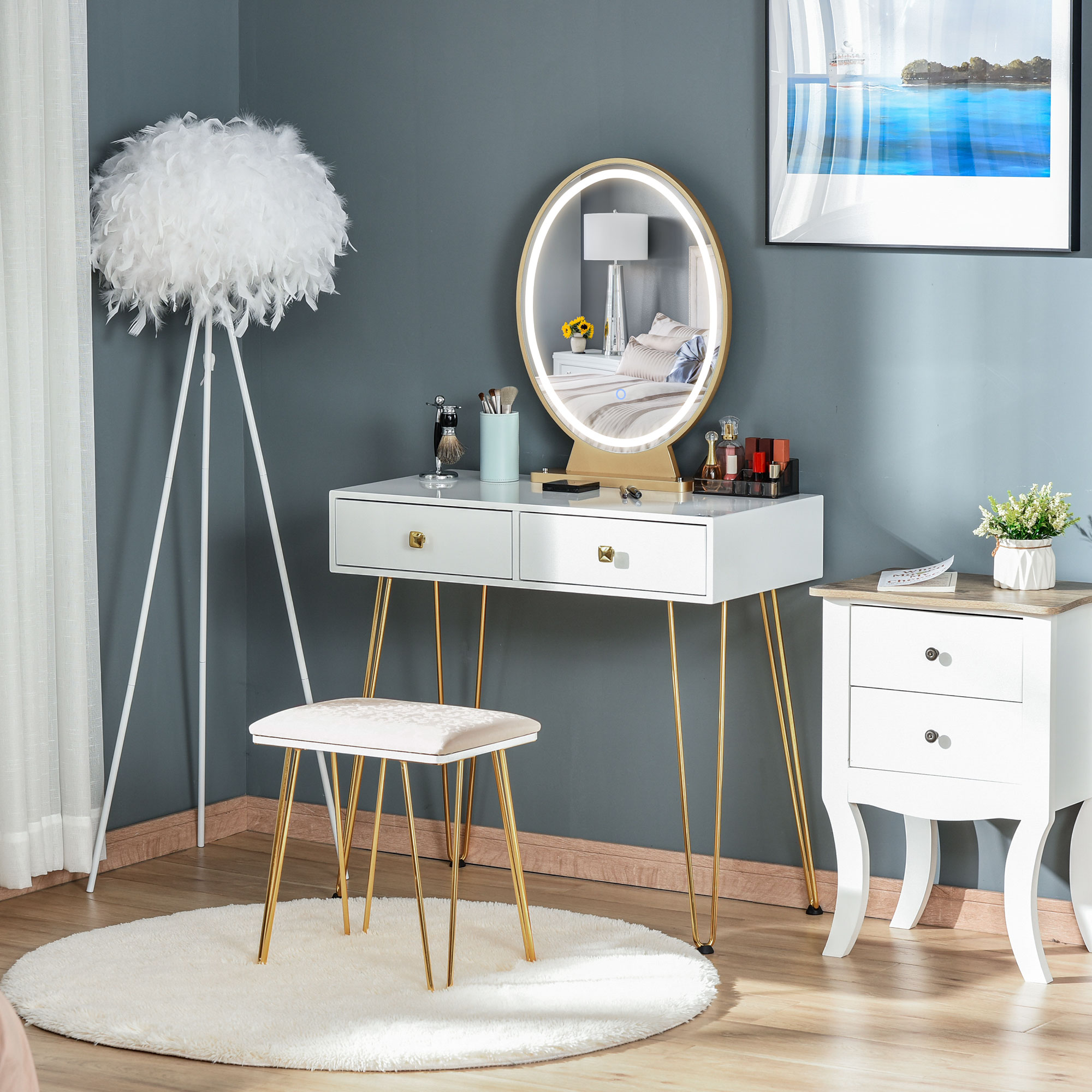 HOMCOM Schminktisch Set Frisierkommode Kosmetiktisch mit einstellbarer LED-Beleuchtung Spiegel gepolsterten Hocker 2 Schubladen und 1 Lippenstiftraster MDF Stahl Schaumstoff Weiß 80 x 40 x 136 cm