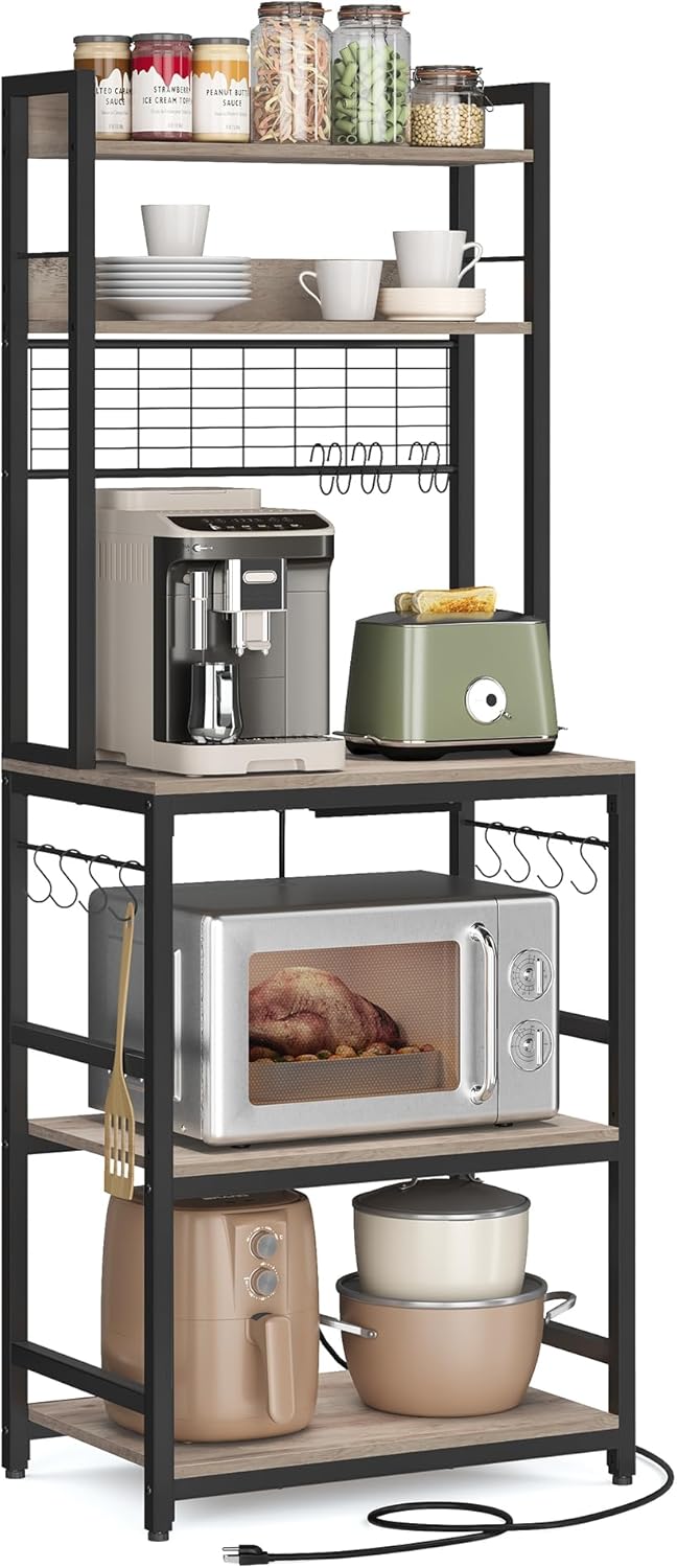 VASAGLE Scaffale Cucina con Multipresa, Scaffale per Microonde, Mobile Cucina, con Pannello a Rete Metallica, 14 Ganci, 40 x 80 x 170 cm, Greige e Nero KKS025B02EU