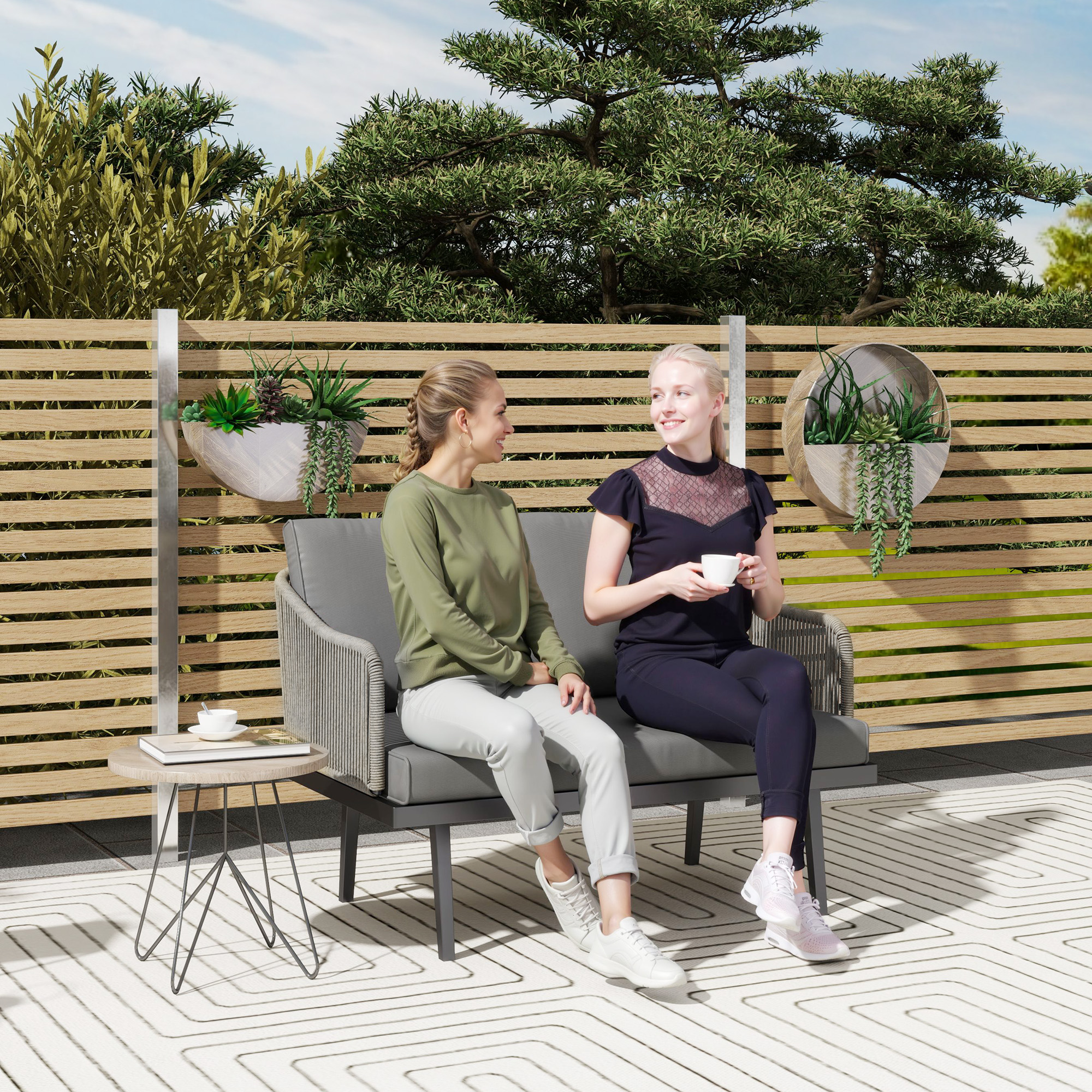 Outsunny Gartensofa 2-Sitzer mit Rattankissen, Outdoor-Sofa Stahlrahmen 110 x 70 x 72 cm Dunkelgrau