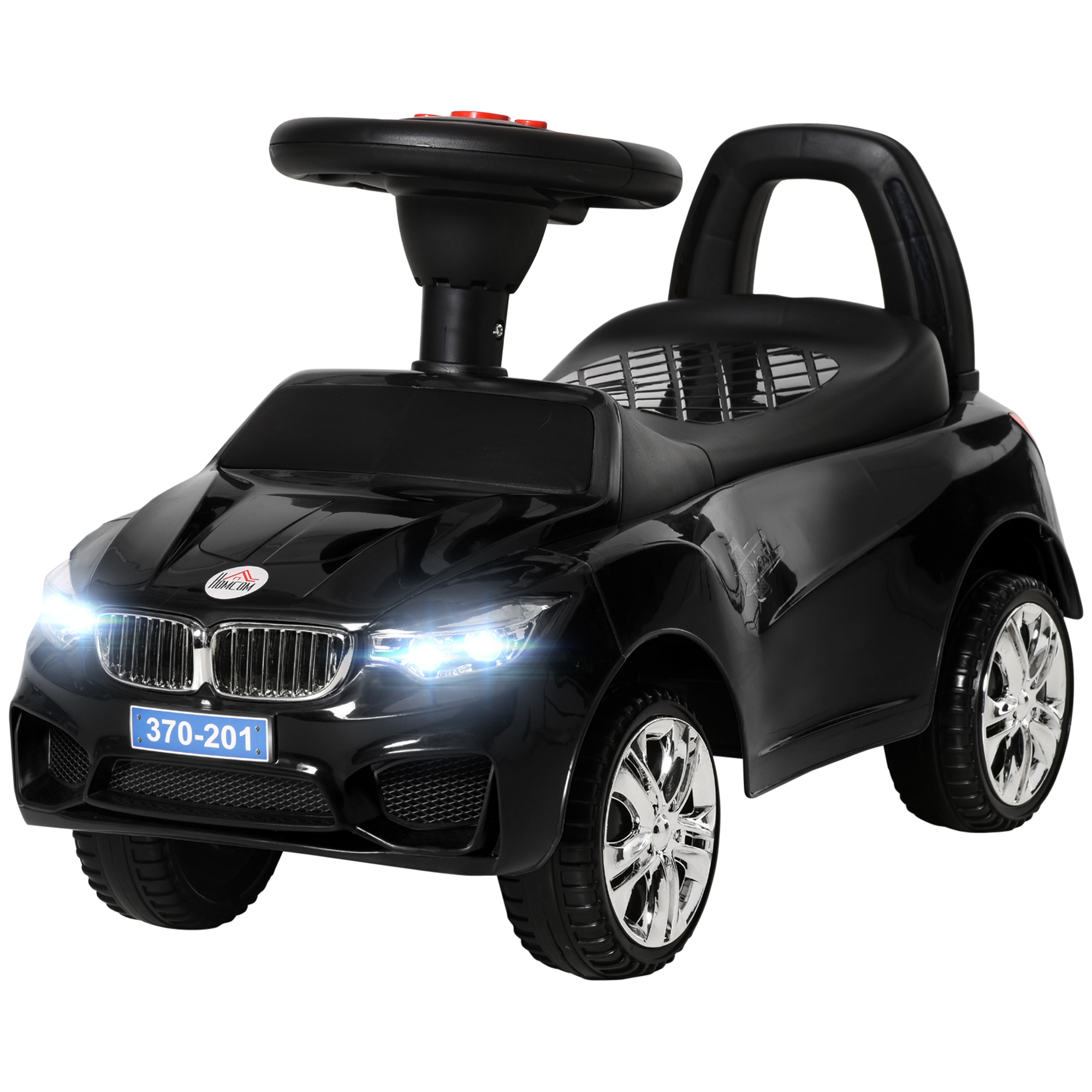 HOMCOM Kinderreitauto mit Lenkrad, Scheinwerfern und integrierter Musik, aus PP und Metall, 63,5x28x36 cm, Schwarz