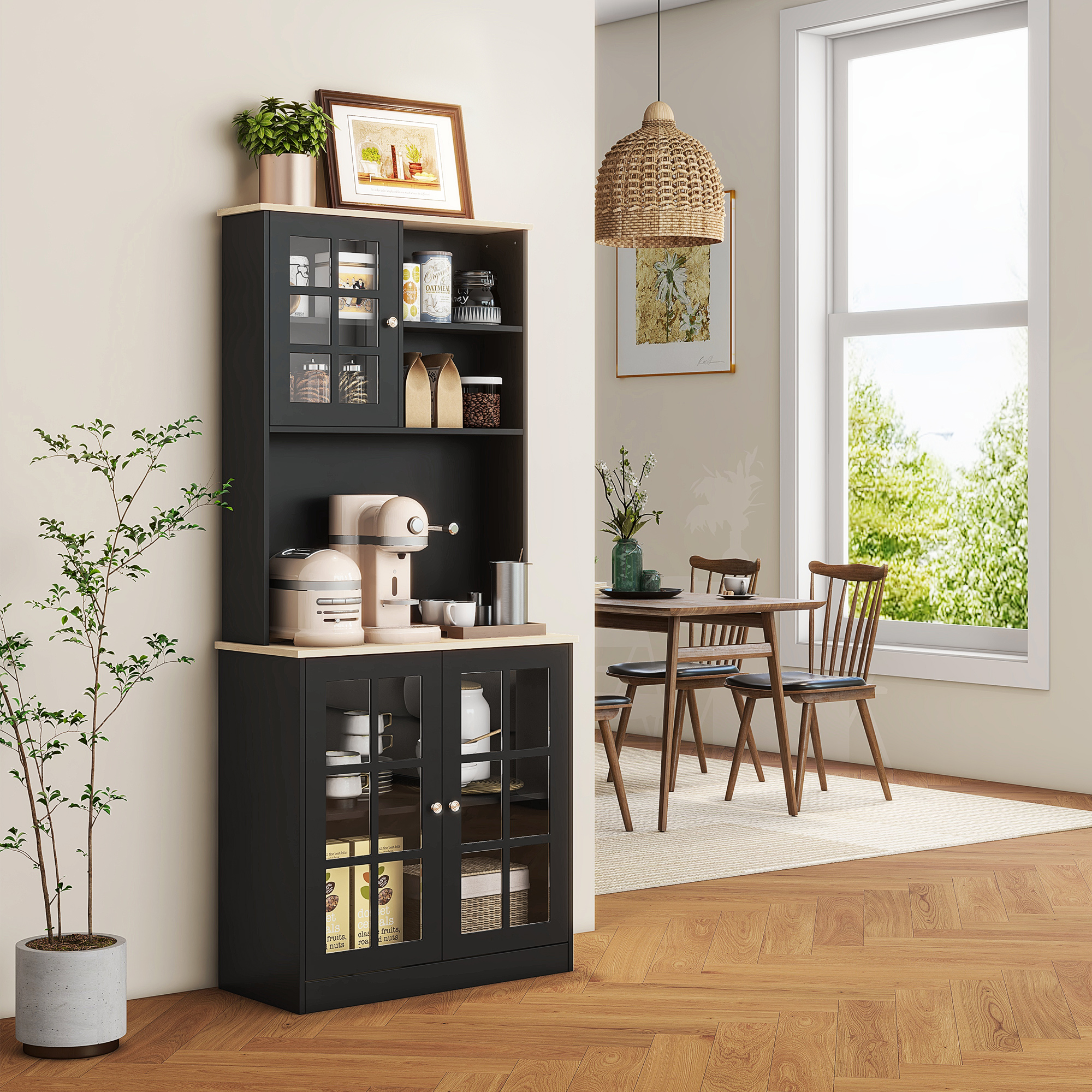 HOMCOM Küchenbuffet Küchenvitrine mit viel Stauraum, 3 Glastüren, Regalboden, 2 Fächer, großer Arbeitsplatz, MDF Schwarz Eiche