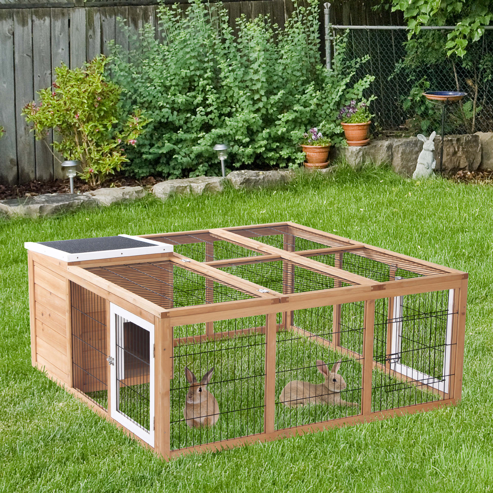 PawHut Kleintierstall mit Freigehege, aufklappbares Dach, wetterbeständig, 123 cm x 120 cm x 52 cm, Braun