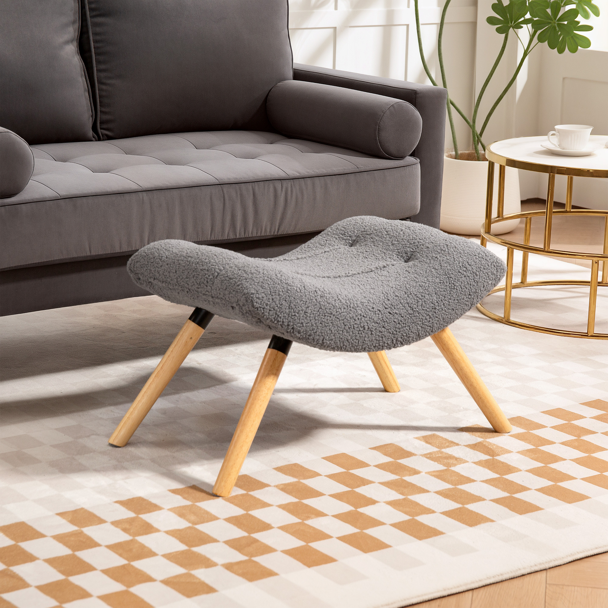 HOMCOM Moderner Fußhocker mit Fleece-Bezug und Holzbeinen, gepolstert, für Wohnzimmer, Schlafzimmer, Flur, Dunkelgrau