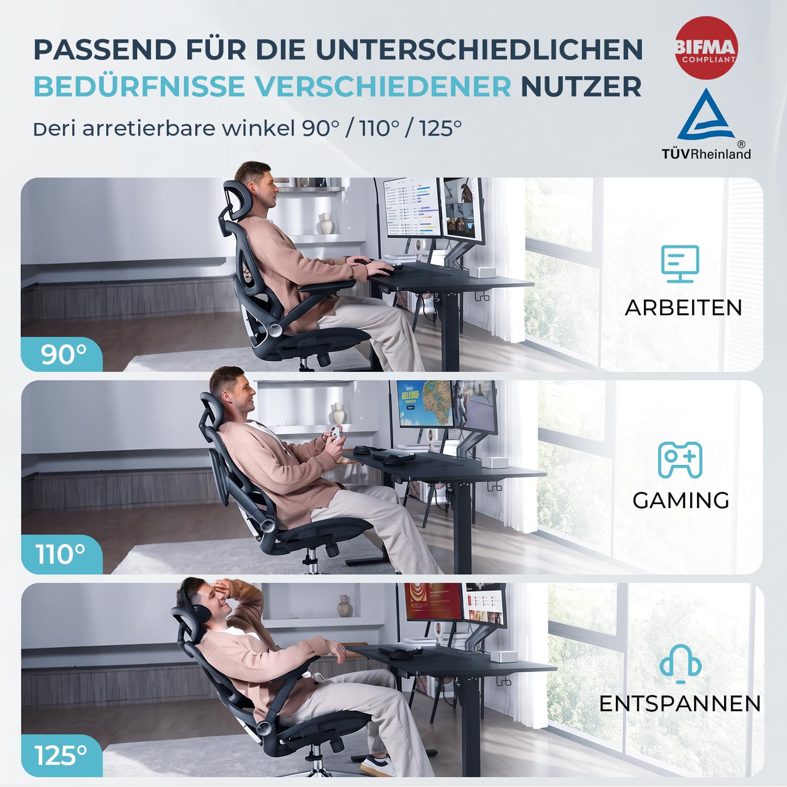 Ergonomischer Bürostuhl mit Netzstoff, hoher Rückenlehne und 3D-Kopfstütze, bis 159 kg, mit 4D-Klapparmlehnen und PU-Rollen