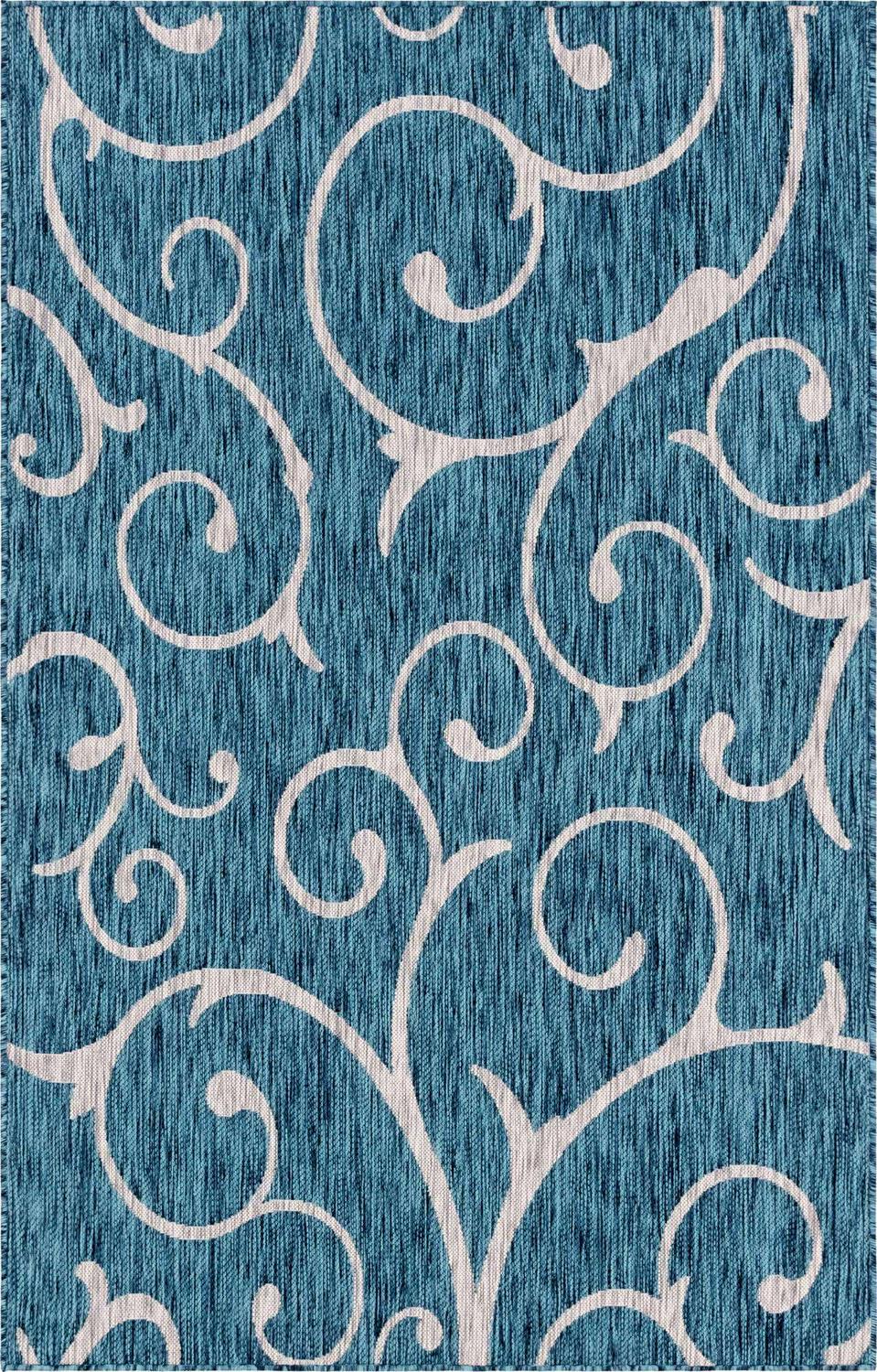 Unique Loom Botanical Indoor/Outdoor Rug, Teal/Ivory, 5&prime; x 8&prime; Rectangle, Polypropylene, Damask Pattern