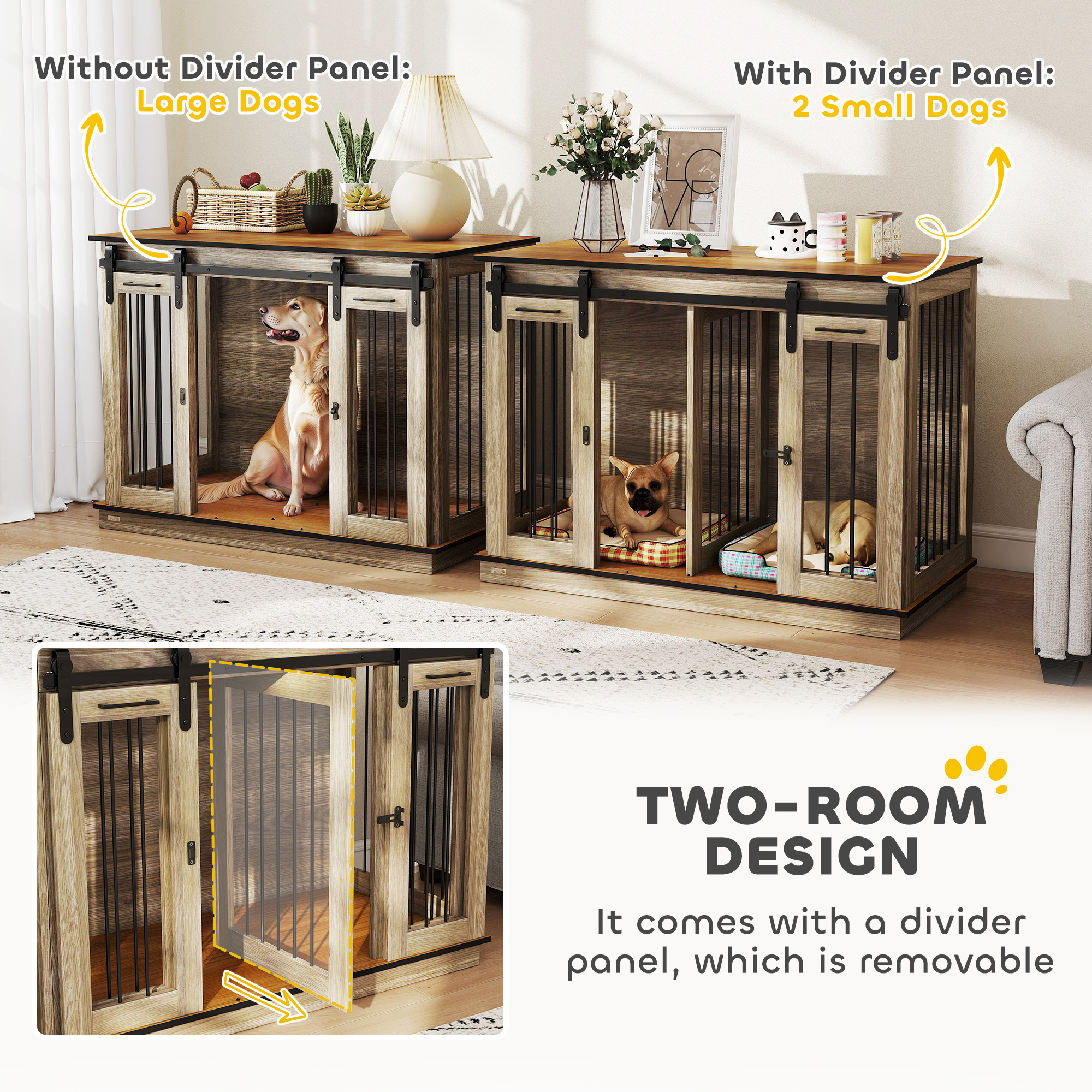 PawHut hondenkooi met 2 deuren, hondenbox, rustiek design, vergrendelbaar, bruin