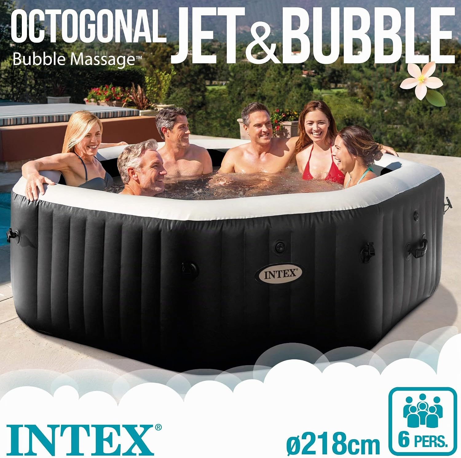 Intex 28462EX - PureSpa Vasca Idromassaggio Gonfiabile Jet&Bubble Deluxe Ottagonale, 6 posti, 140 Getti, Riscaldatore, Nero, 218x71 cm