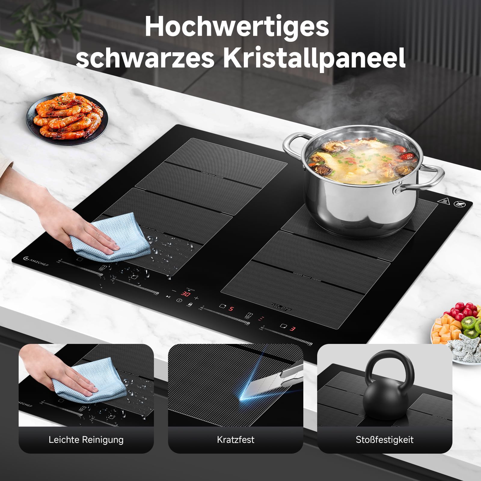 Induktionskochfeld 60 cm mit 2 Flexzonen und Booster, 4 Kochfelder, Glaskeramik, schwarz