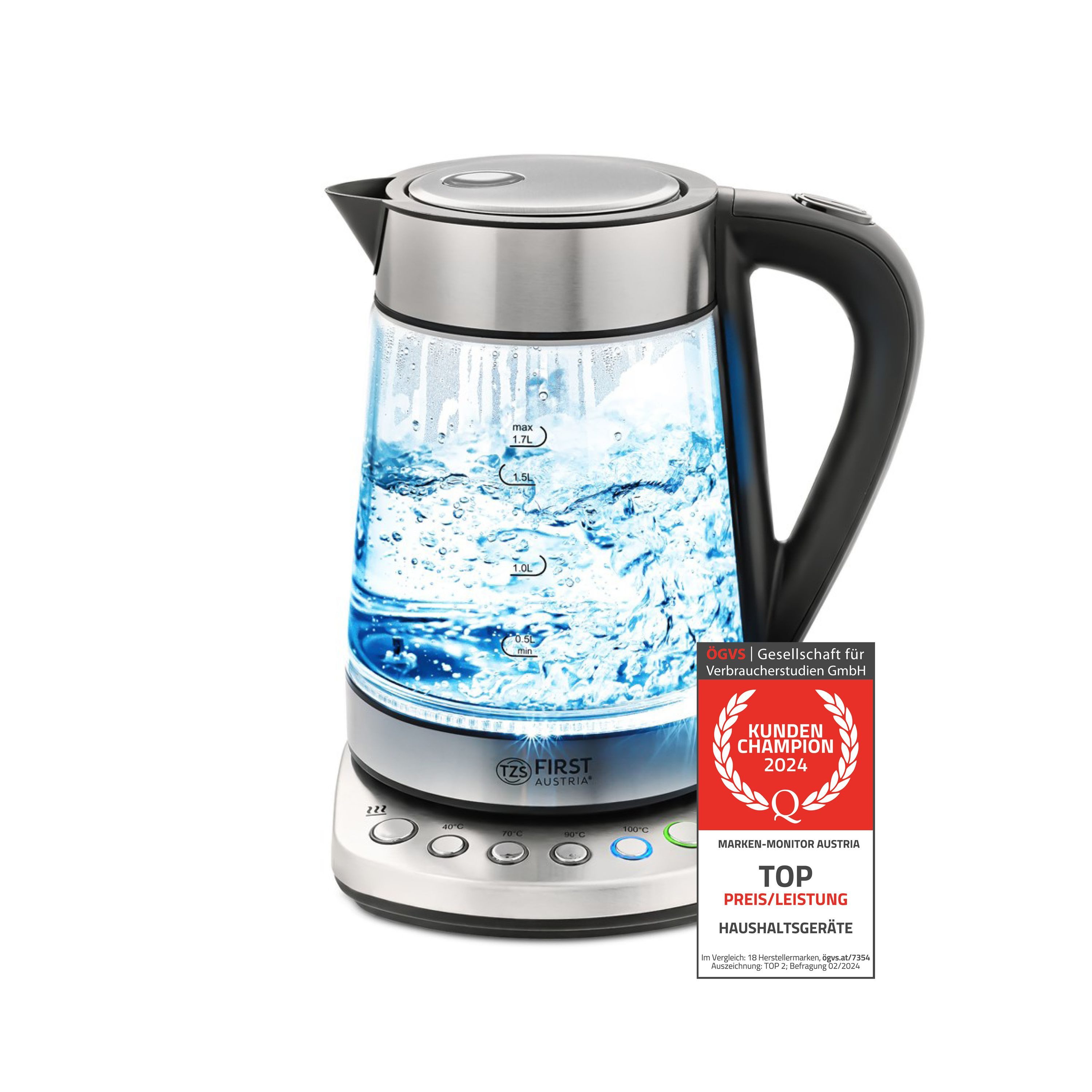 Wasserkocher Glaswasserkocher 1,7 L, mit Kalkfilter, 2200 Watt, Innenbeleuchtung