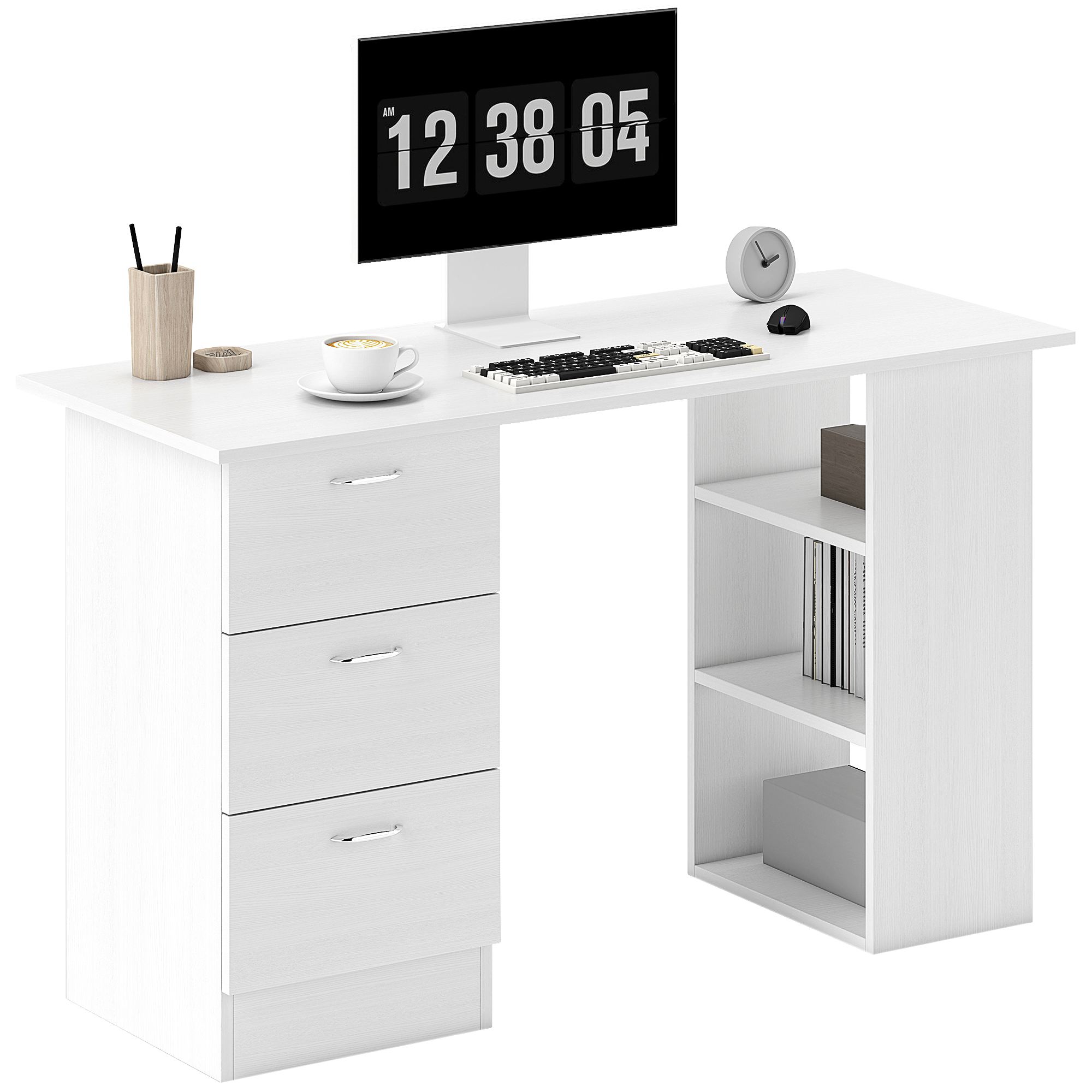 HOMCOM Schreibtisch Computertisch Bürotisch Arbeitstisch Regal mit 3 Schubladen Regale Weiß 120 x 49 x 72 cm
