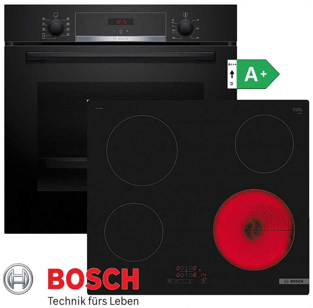 Elektro-Herd-Set Bosch Autark Schwarz Backofen 3D Heißluft +Glaskeramik Kochfeld 60cm