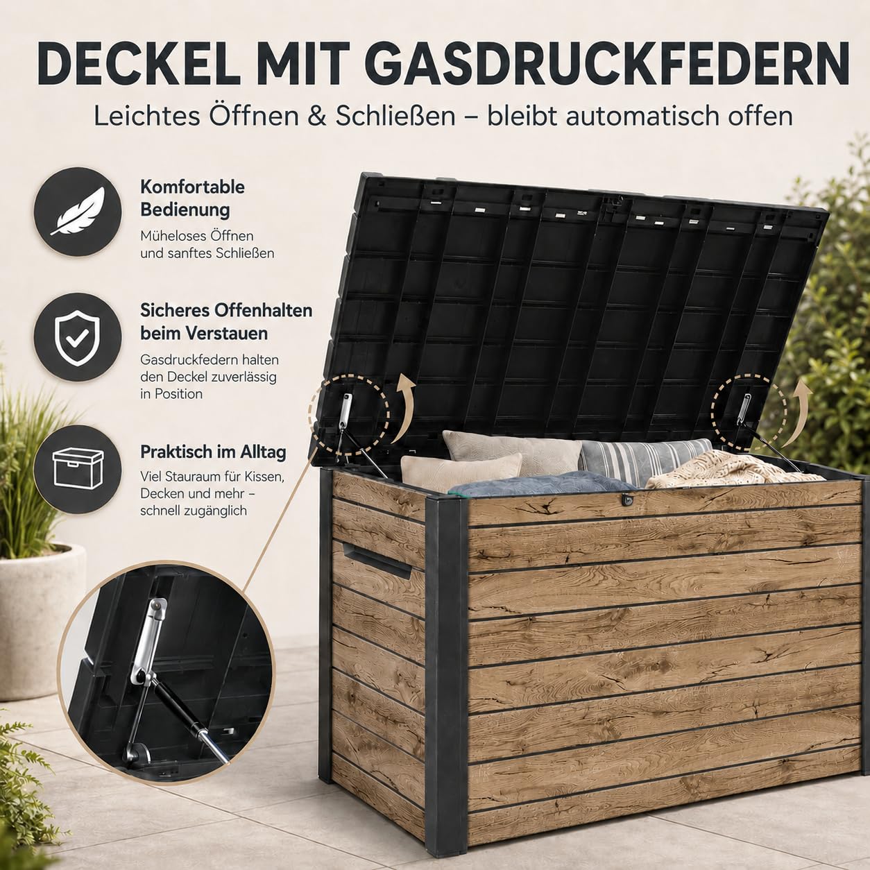 Gartenbox 870 L aus Kunststoff in Holzoptik Pinie, 147 x 83 x 86 cm, mit Gasdruckfedern und abschließbarem Deckel