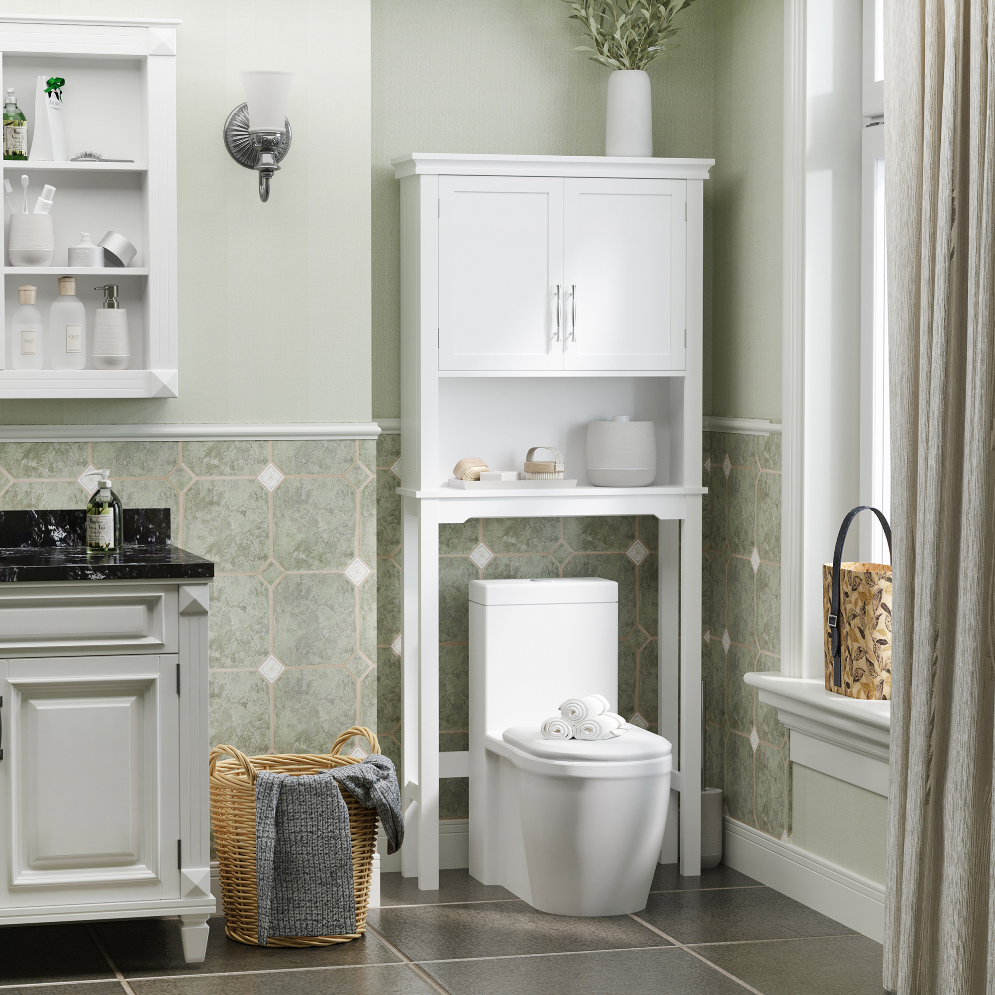 Kleankin Toilettenregal über der Toilette mit Doppeltürschrank, verstellbarem Regal und Nische, Abmessungen 71 x 20,5 x 165 cm, weiß