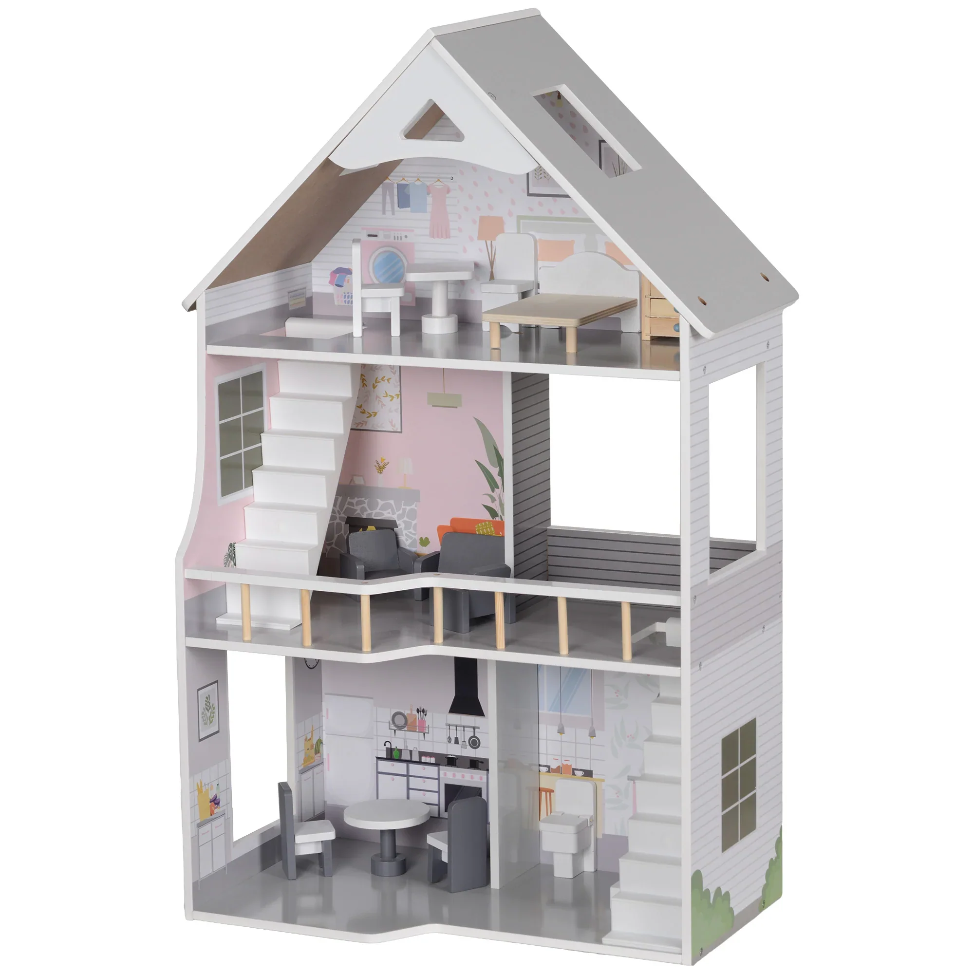 AIYAPLAY Houten poppenhuis 3 verdiepingen met 13 meubels open spel