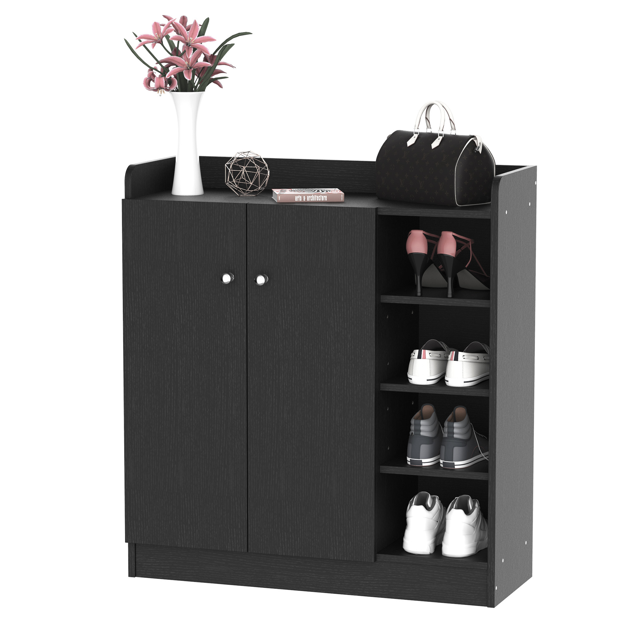 HOMCOM Schuhschrank für den Eingangsbereich - Schuhschrank mit 4 offenen Fächern und doppelter Schranktür - verstellbares Regal - 83L x 30B x 90H cm - Schwarz